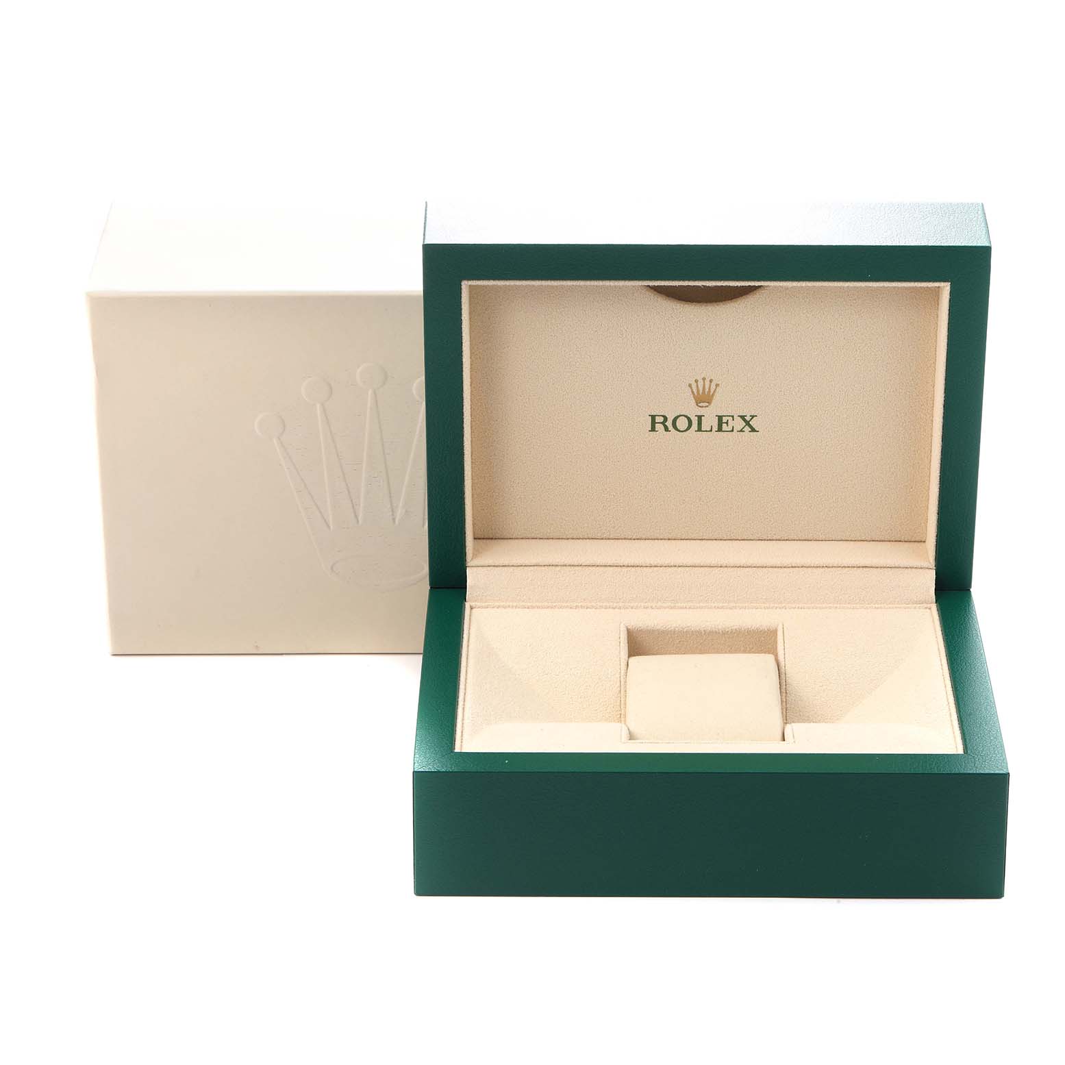 The image shows an open green and beige Rolex box for the Daytona model, viewed from the front.