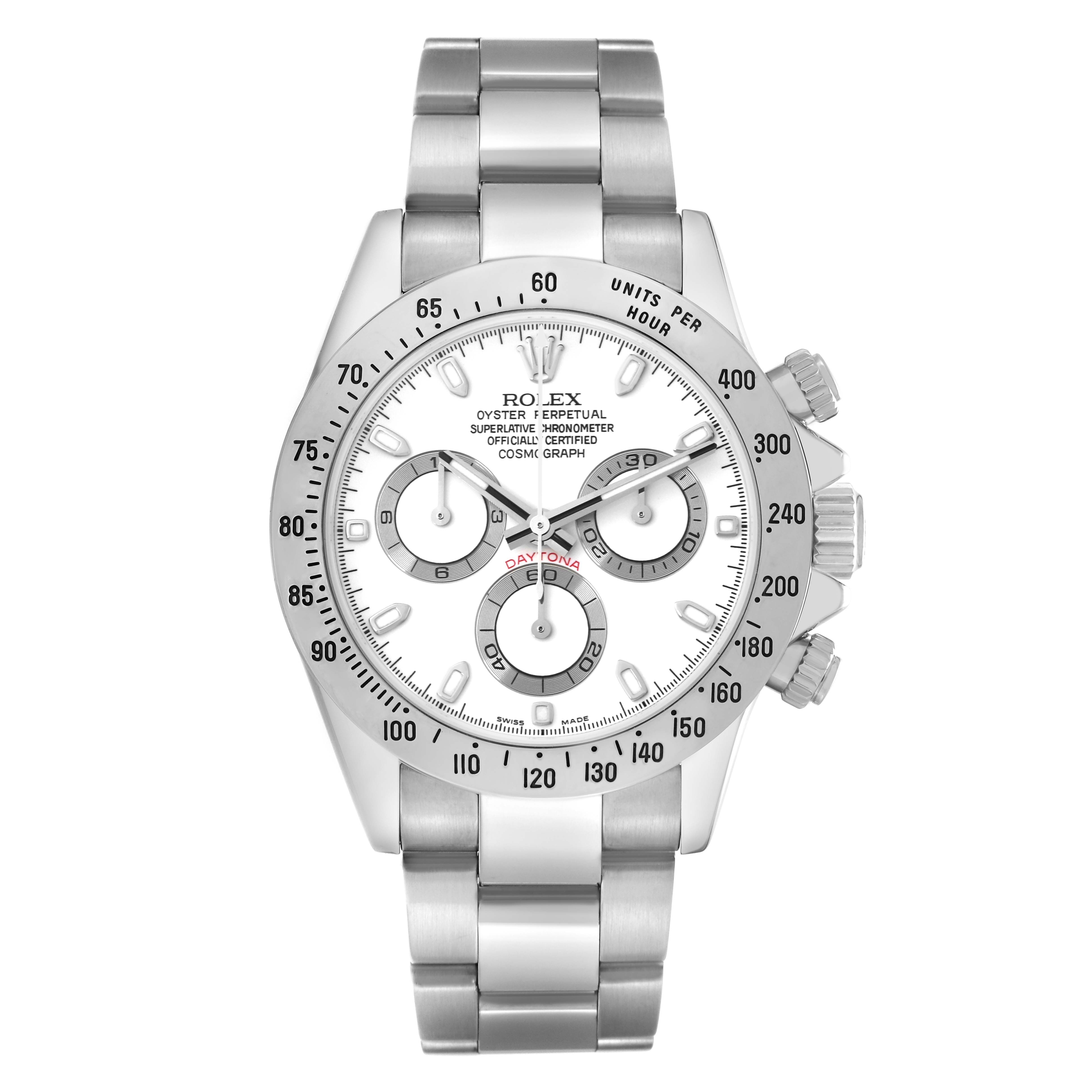 The Rolex Daytona 116520 Men
s Stainless Steel White Dial 116520 Men
s Stainless Steel White Dial watch is shown from the front, displaying the bezel, dial, subdials, and bracelet.