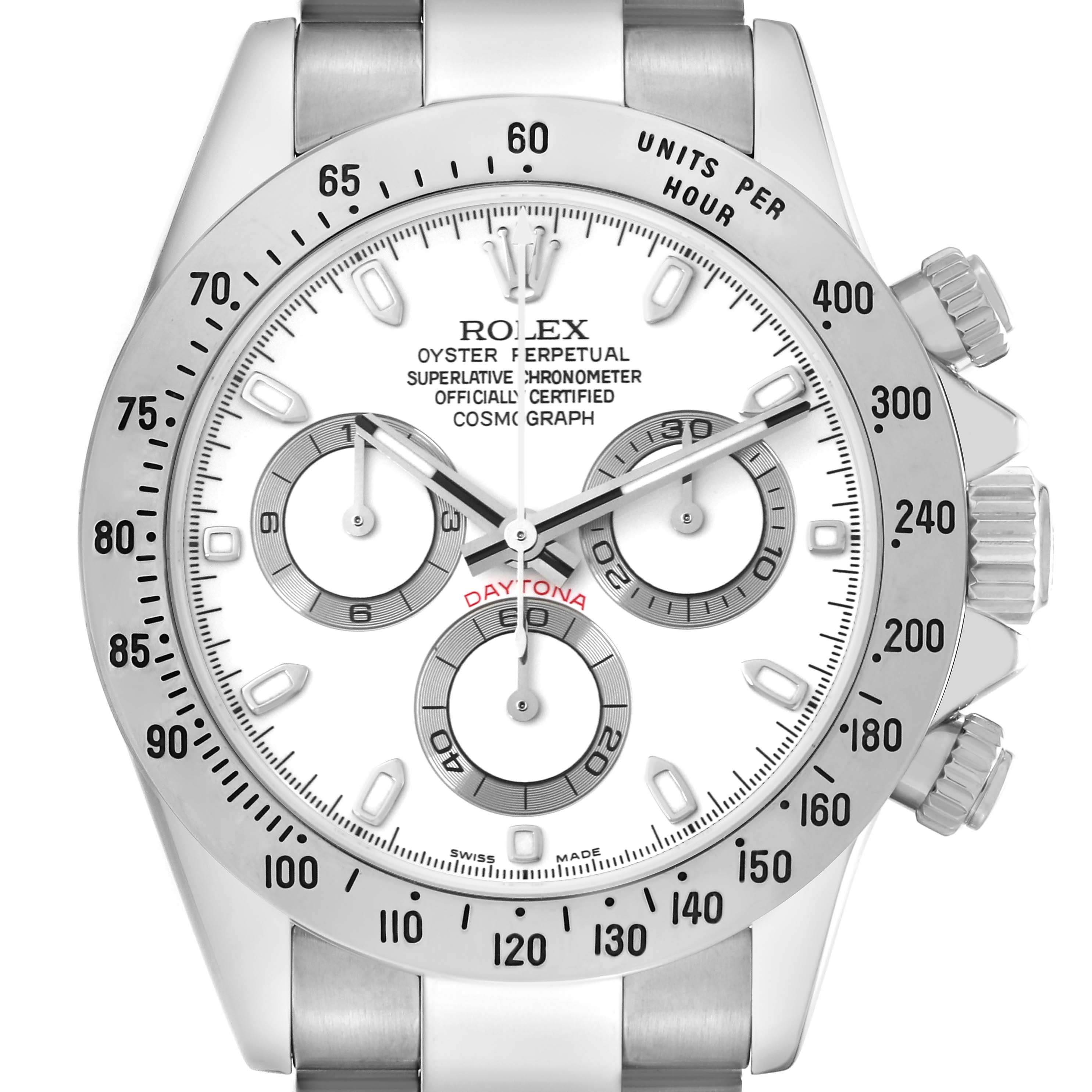 The Rolex Daytona 116520 Men
s Stainless Steel White Dial 116520 Men
s Stainless Steel White Dial watch is shown from a front angle, highlighting its dial, bezel, and chronograph sub-dials.