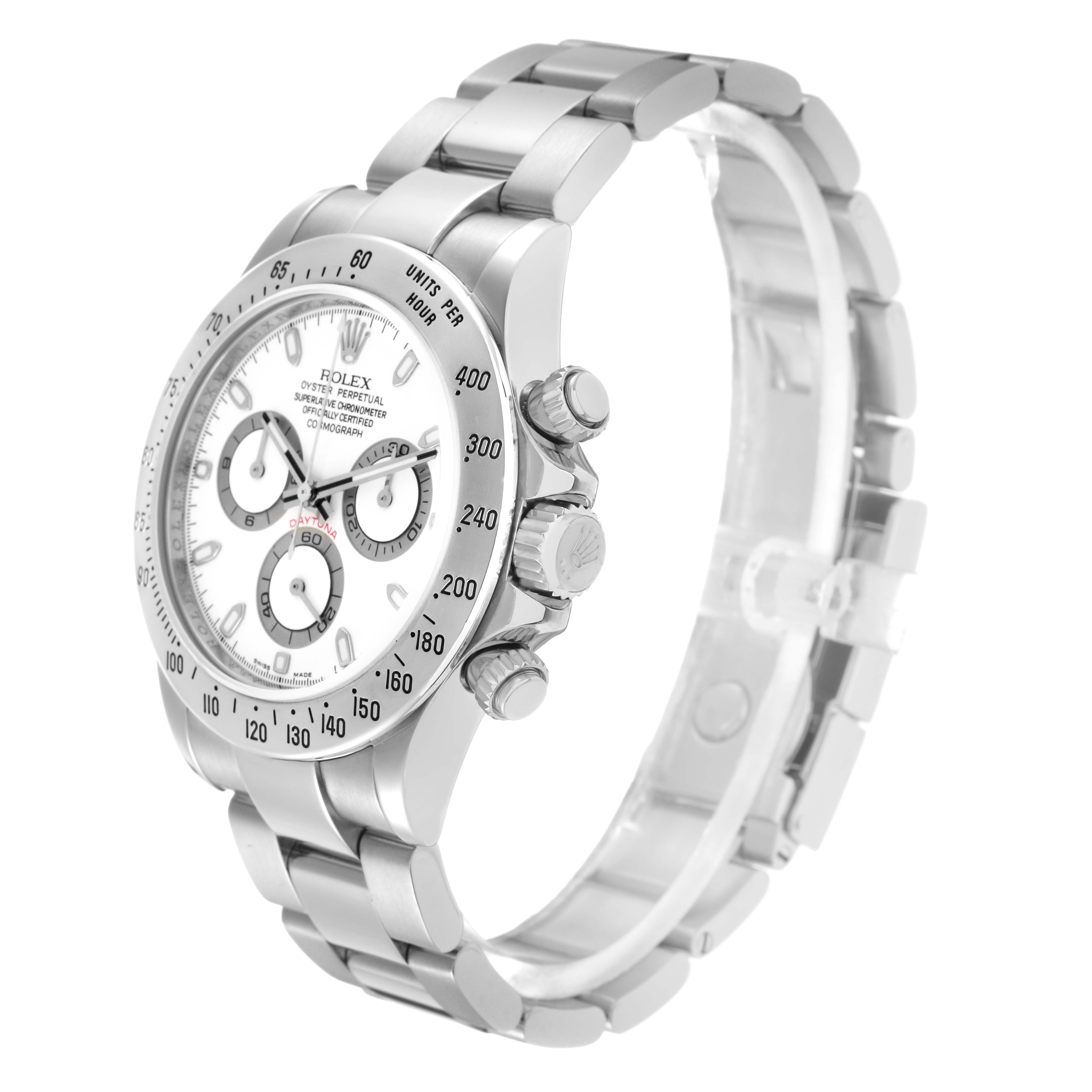 The Rolex Daytona 116520 Men
s Stainless Steel White Dial 116520 Men
s Stainless Steel White Dial watch is shown at a front-right angle, displaying the face, bezel, crown, pushers, and the bracelet.