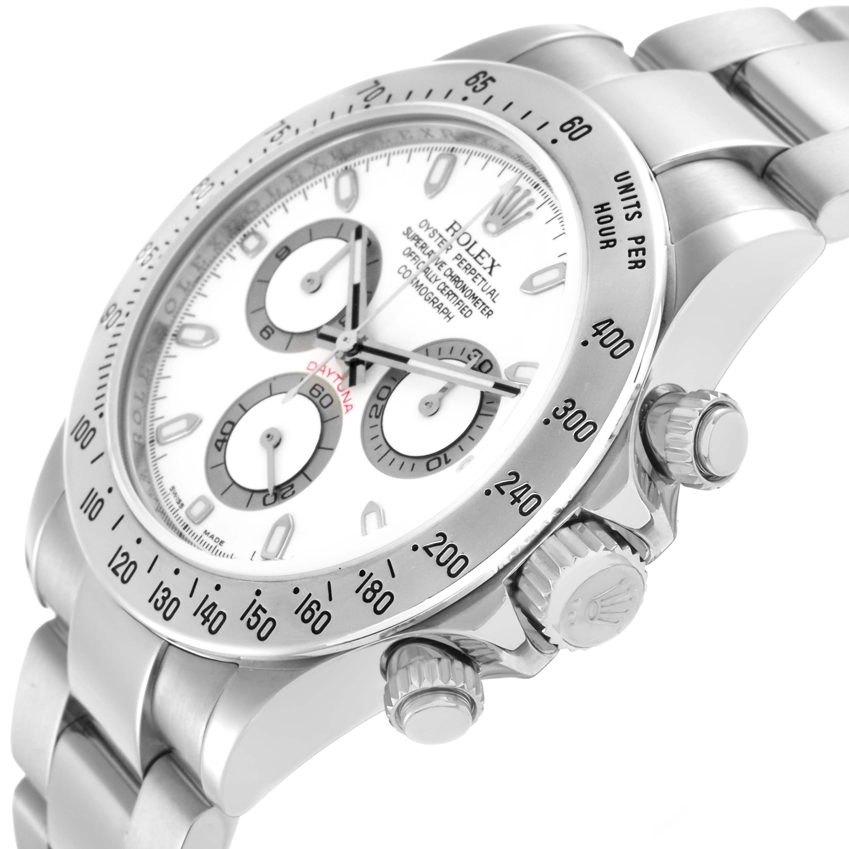 The Rolex Daytona 116520 Men
s Stainless Steel White Dial 116520 Men
s Stainless Steel White Dial watch is shown at an angled side view, highlighting the face, bezel, and crown.