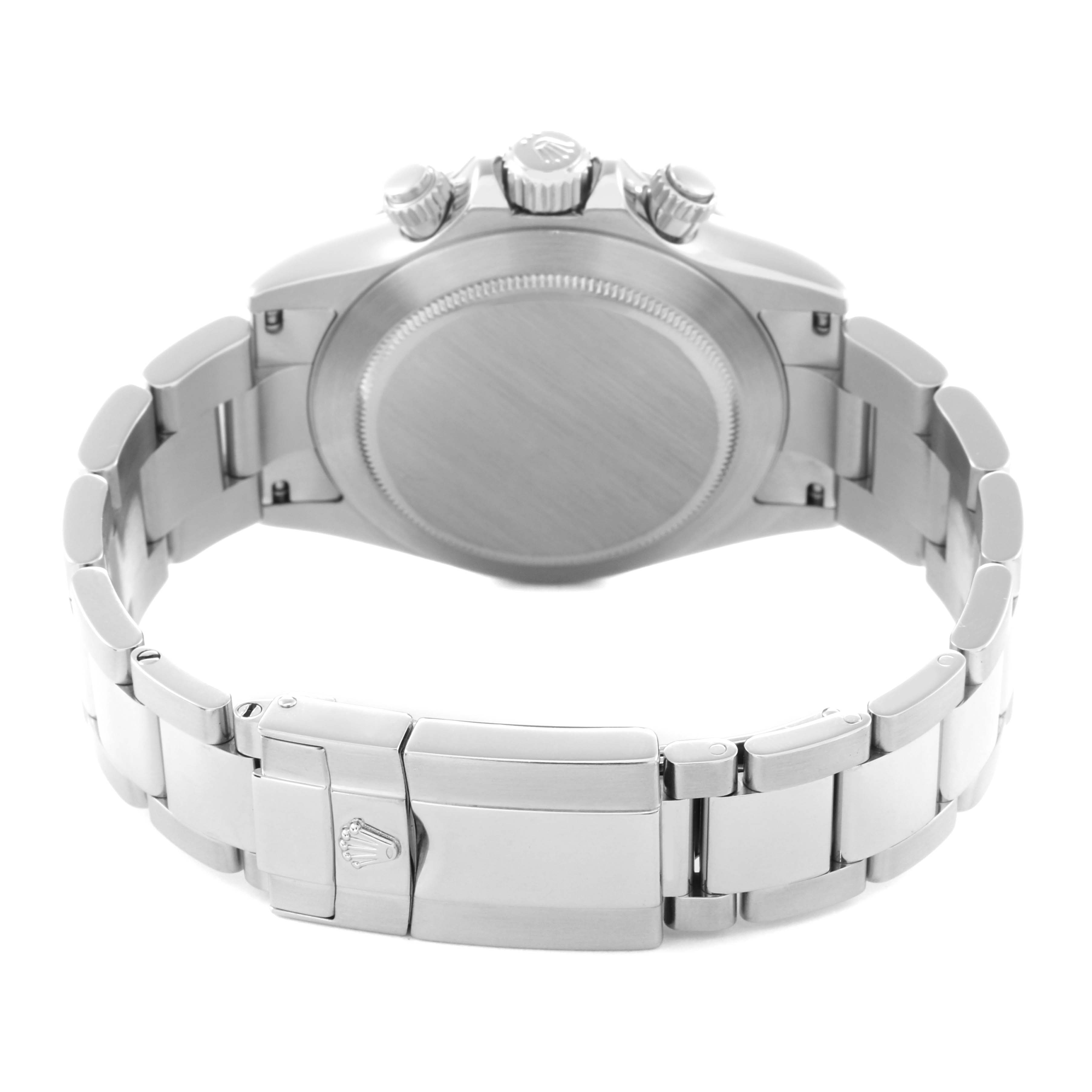 The Rolex Daytona 116520 Men
s Stainless Steel White Dial 116520 Men
s Stainless Steel White Dial watch is shown from the back at a slight upward angle, displaying the case back, crown, pushers, and bracelet clasp.