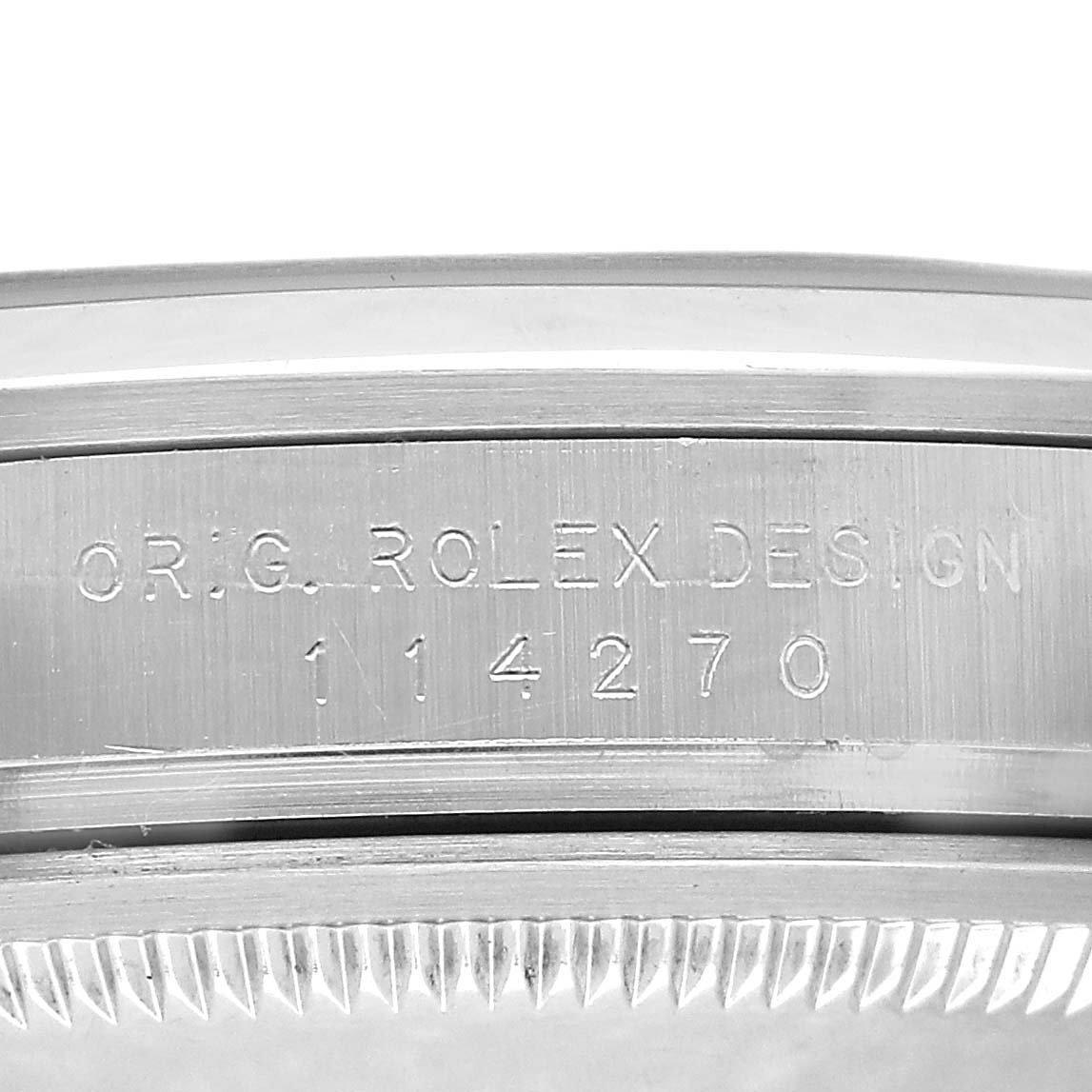 The image shows the side view of the Rolex Explorer 114270 Men's Stainless Steel Black Dial, focusing on the engraved design and model number on the case.