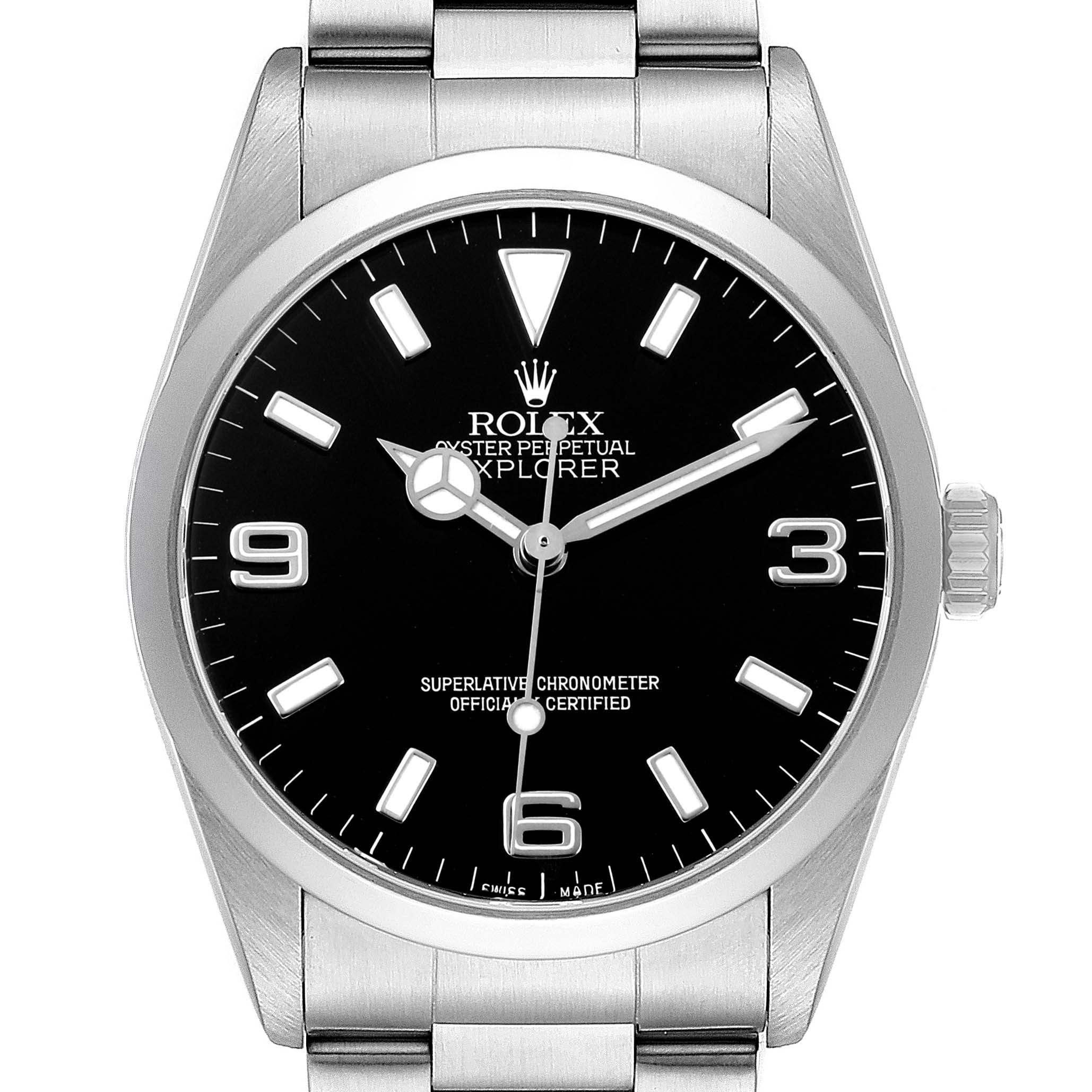 The Rolex Explorer 114270 Men's Stainless Steel Black Dial watch is shown from a front view, displaying the dial, hands, crown, and bracelet.