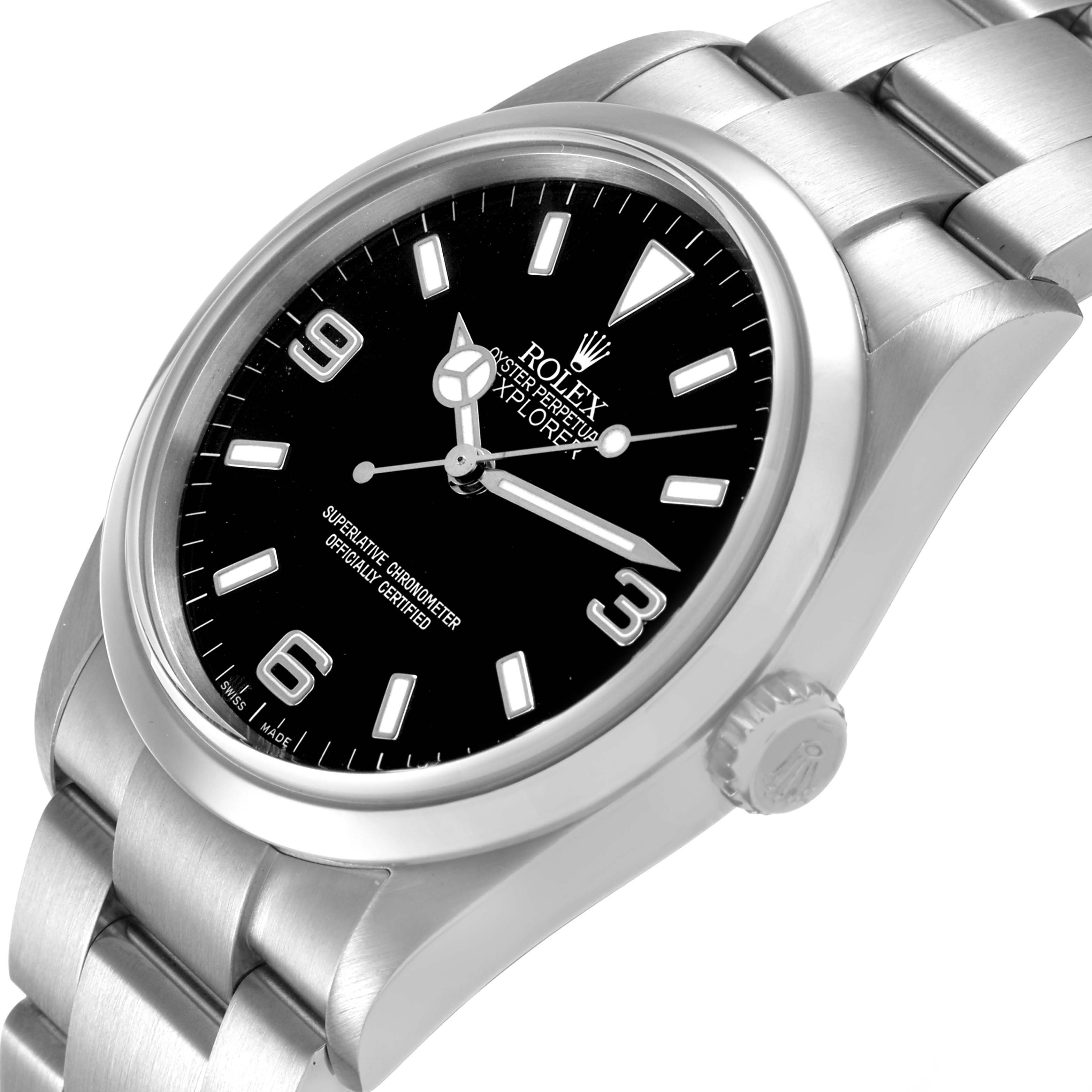 The Rolex Explorer 114270 Men's Stainless Steel Black Dial watch is shown at a slight angle, highlighting the face, bezel, crown, and part of the bracelet.