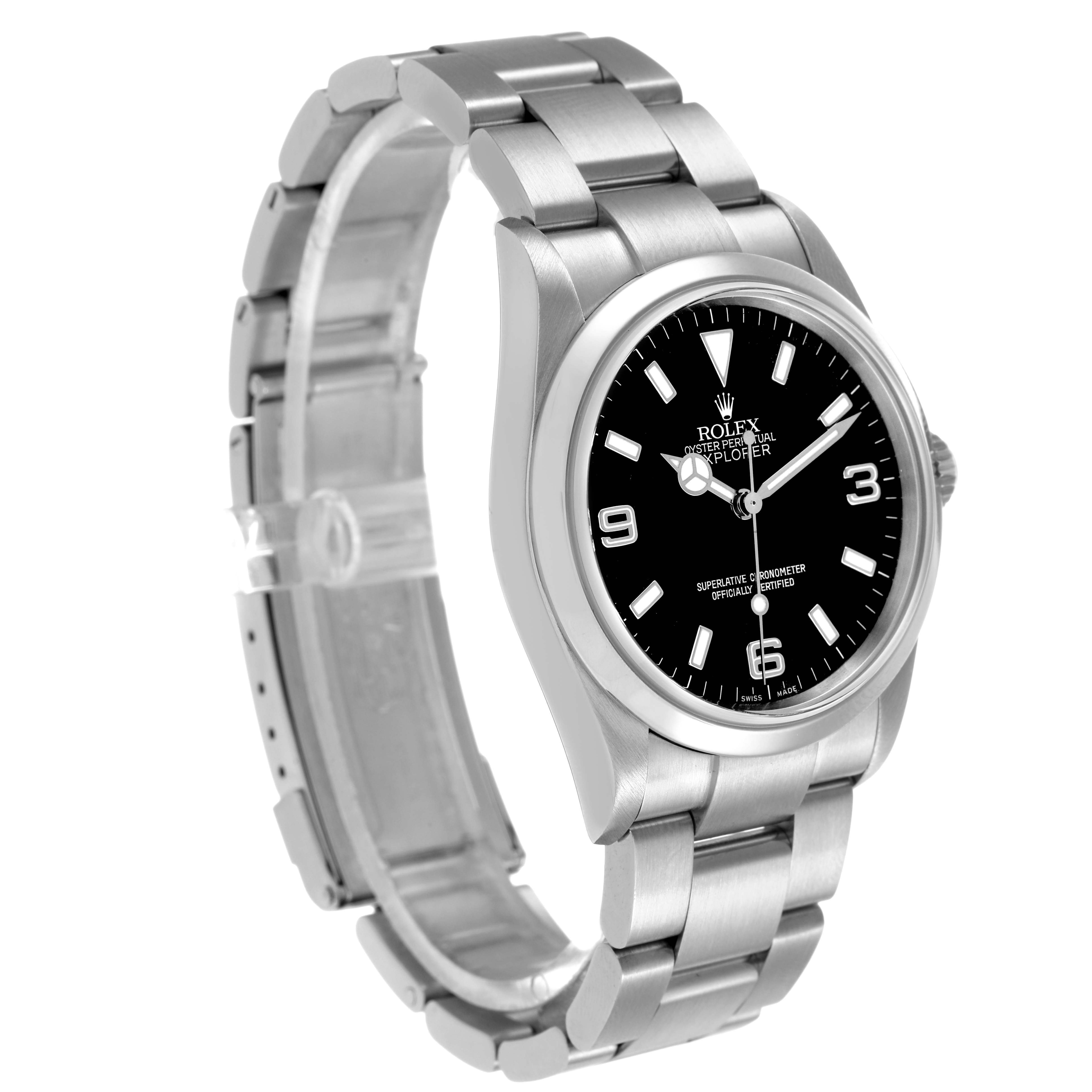 The Rolex Explorer 114270 Men's Stainless Steel Black Dial watch is shown at a three-quarter angle, displaying the face, bezel, and stainless steel bracelet.