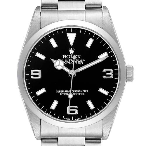 The Rolex Explorer 114270 Men's Stainless Steel Black Dial watch is shown from a front view, displaying its dial, case, and part of the bracelet.