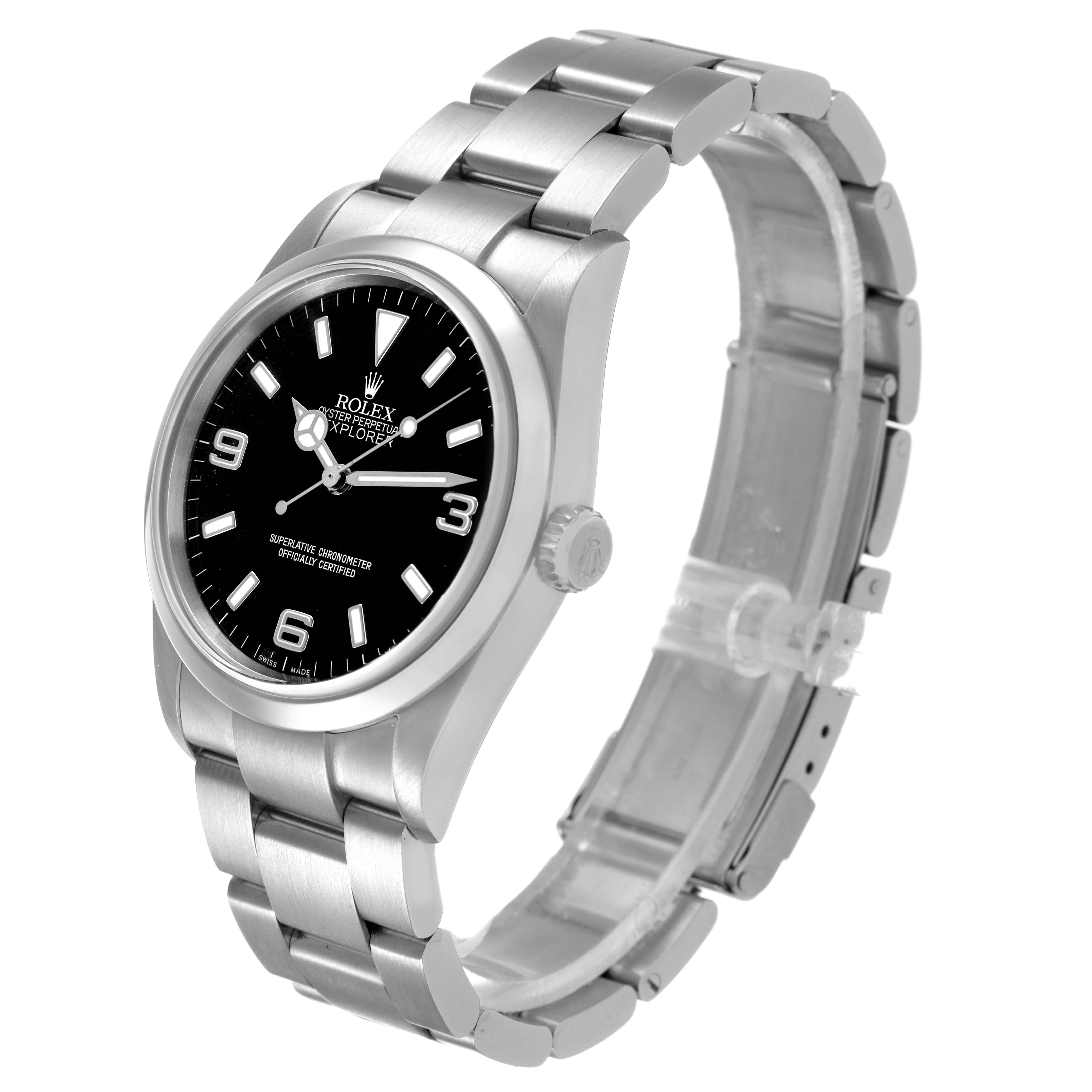 The Rolex Explorer 114270 Men's Stainless Steel Black Dial watch is shown at a three-quarter angle, displaying the dial, case, bracelet, and crown.