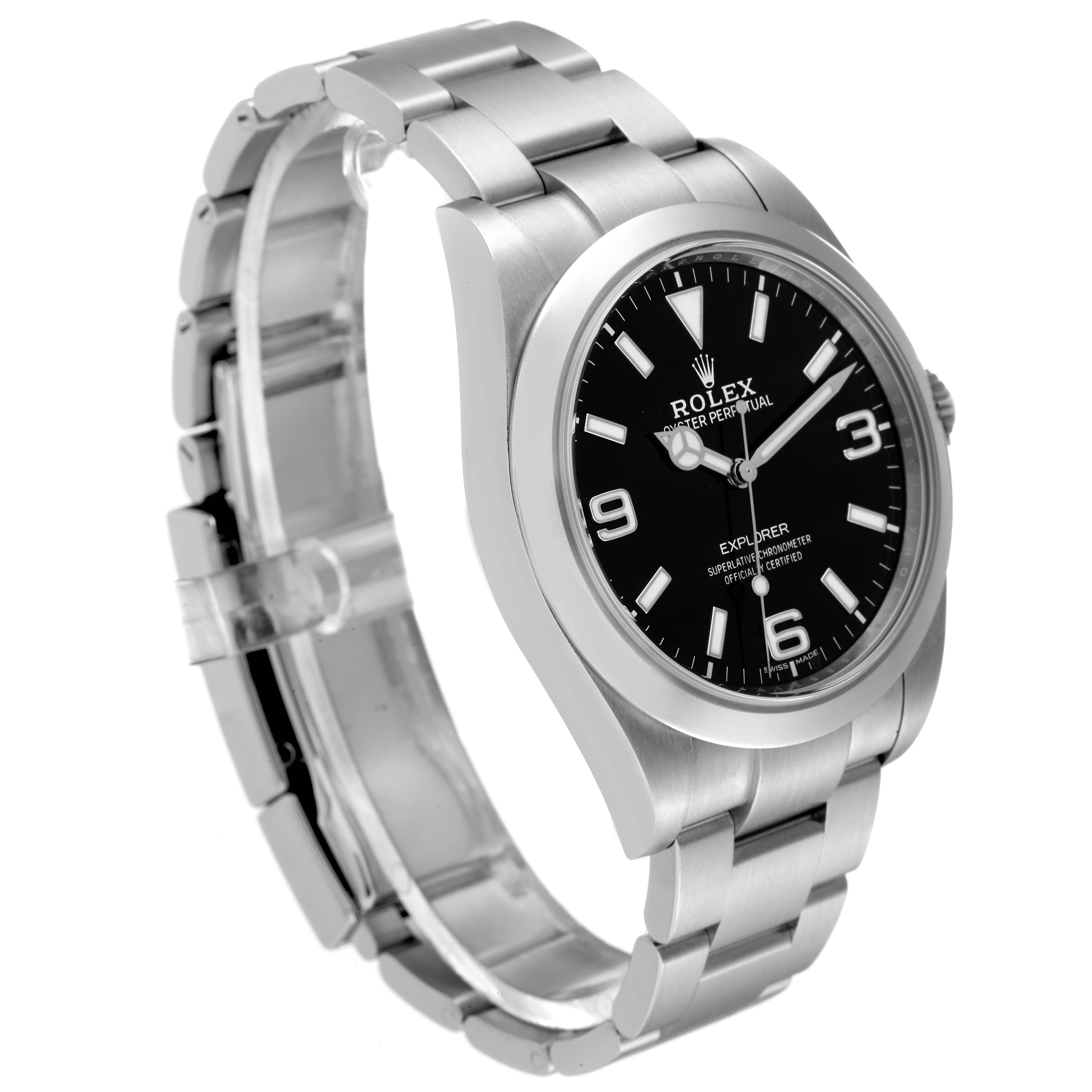 The image shows a side view of the Rolex Explorer 214270 Men
s Stainless Steel Black Dial 214270 Men
s Stainless Steel Black Dial watch, showcasing the face, bezel, and part of the metal bracelet.