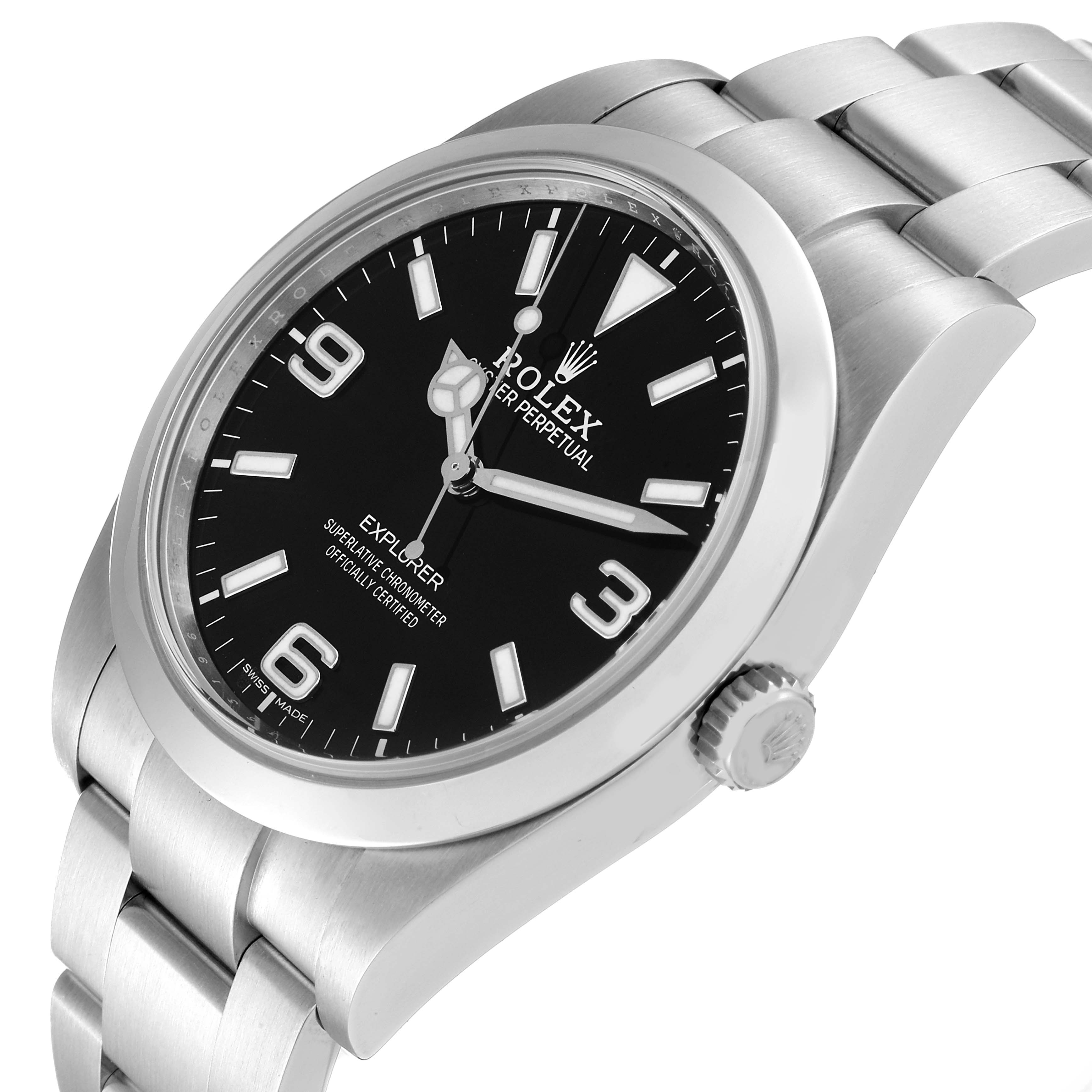 The image shows a Rolex Explorer 214270 Men
s Stainless Steel Black Dial 214270 Men
s Stainless Steel Black Dial watch at an angle displaying the face, bezel, crown, and part of the bracelet.