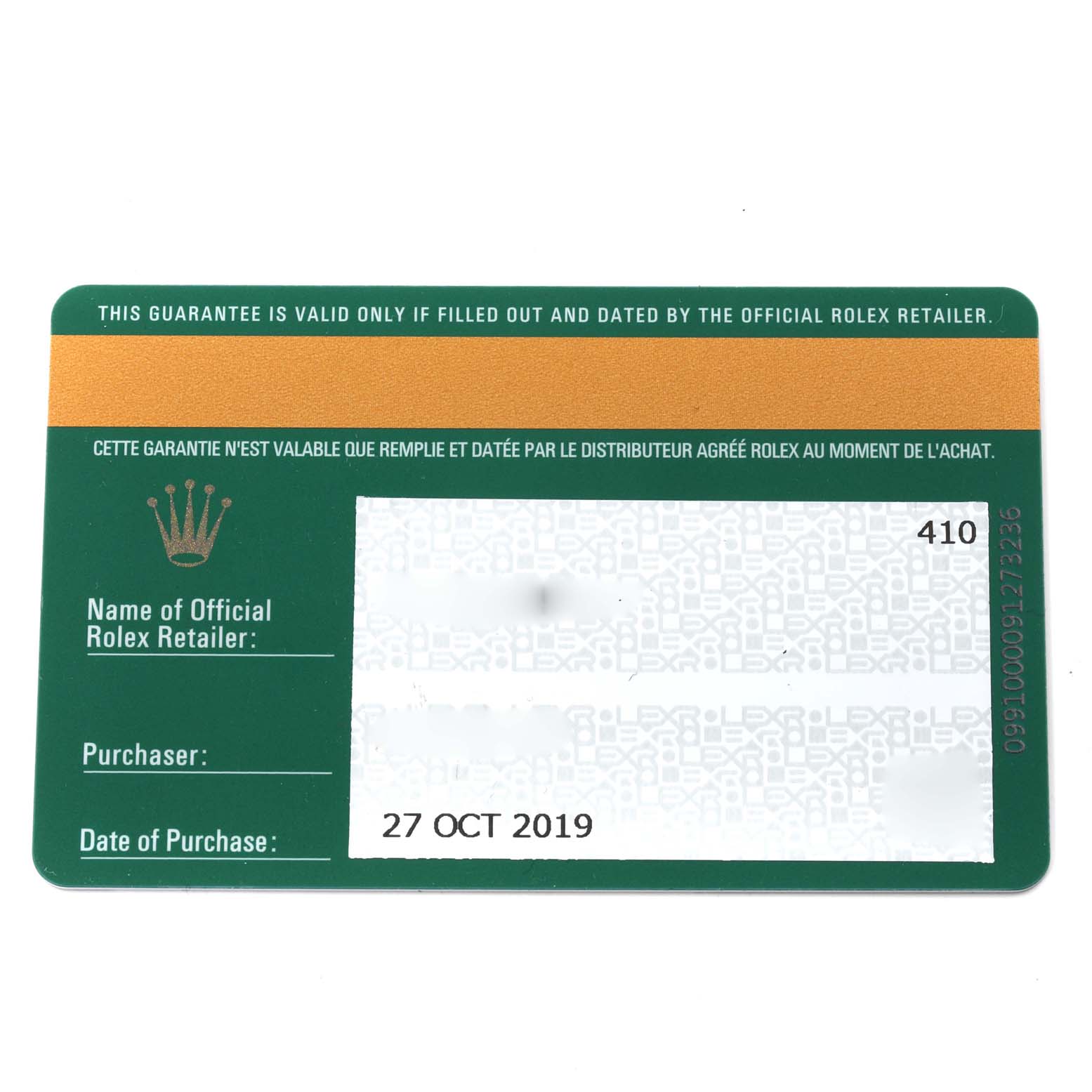 This image shows the warranty card for a Rolex Explorer 214270 Men
s Stainless Steel Black Dial 214270 Men
s Stainless Steel Black Dial, dated 27 OCT 2019.