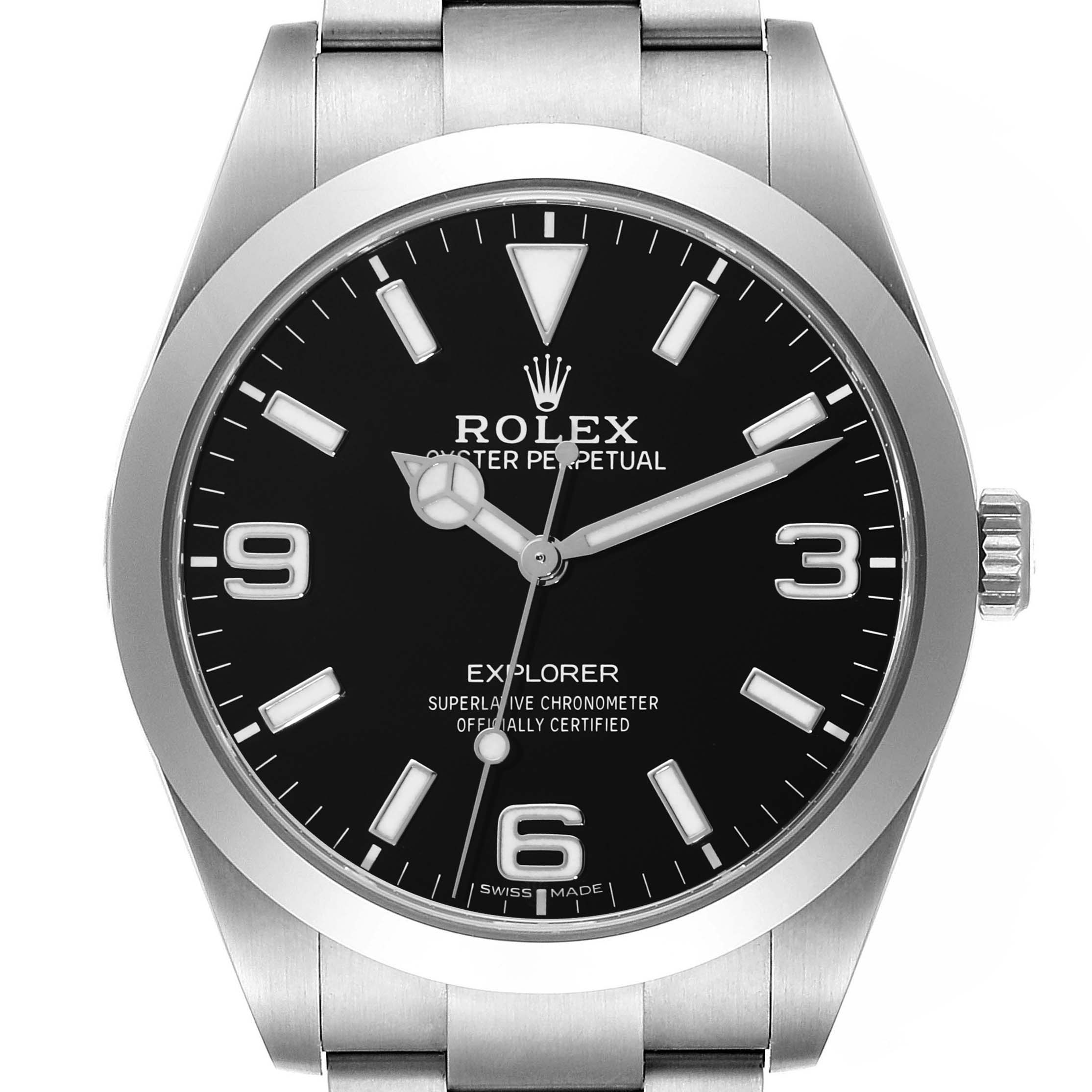 The image shows a front view of a Rolex Explorer 214270 Men
s Stainless Steel Black Dial 214270 Men
s Stainless Steel Black Dial watch, highlighting the dial, indices, hands, and bracelet.