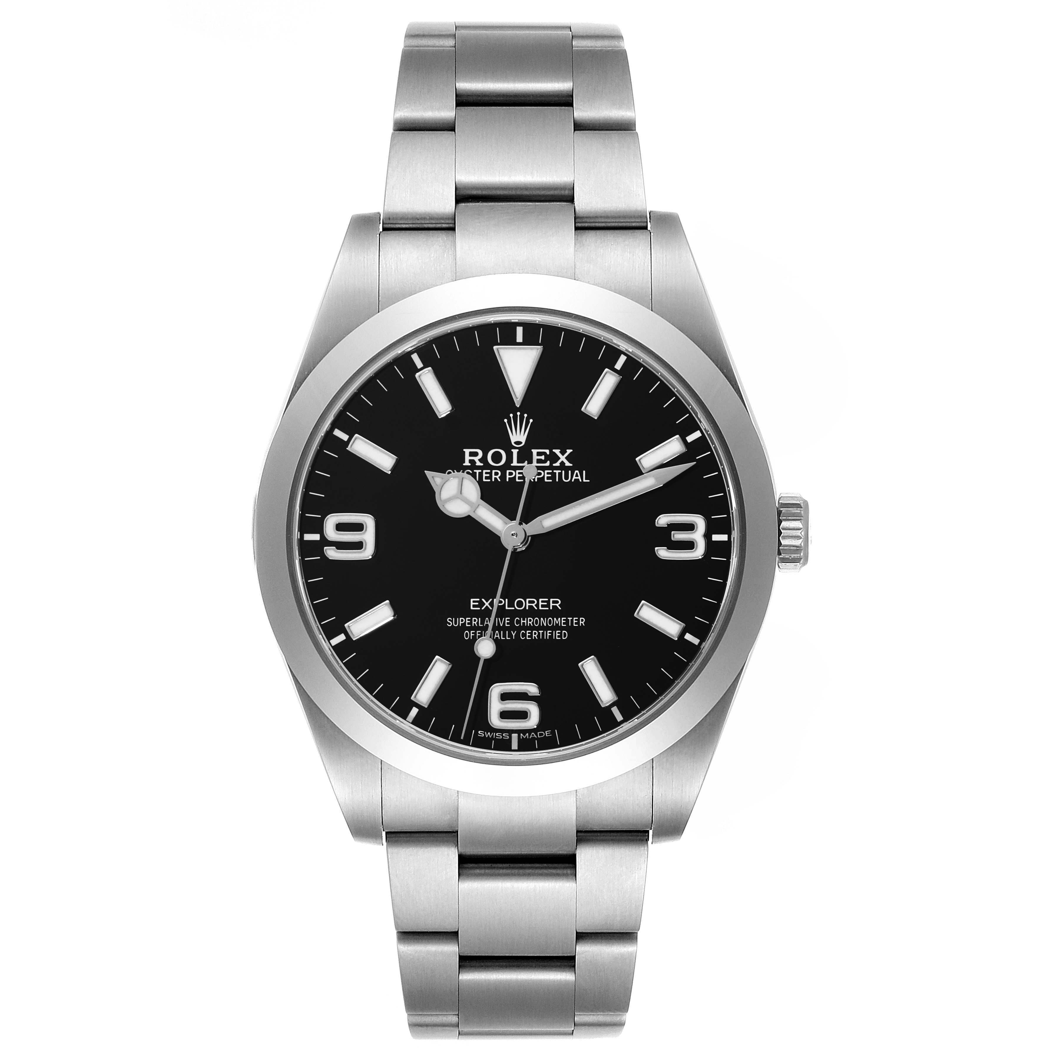 The Rolex Explorer 214270 Men
s Stainless Steel Black Dial 214270 Men
s Stainless Steel Black Dial model watch is shown from a front angle, displaying its dial, hour markers, hands, and bracelet.