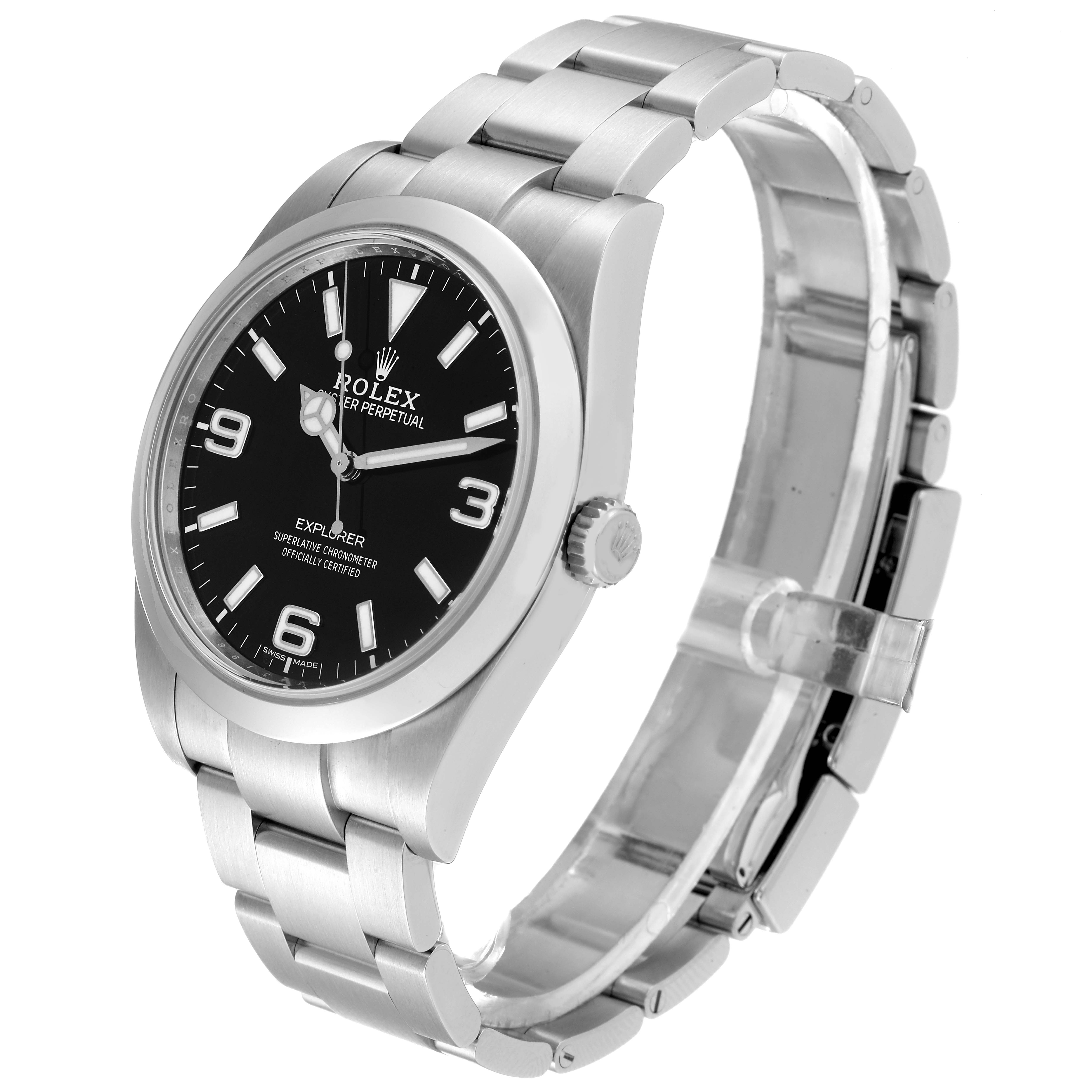 The Rolex Explorer 214270 Men
s Stainless Steel Black Dial 214270 Men
s Stainless Steel Black Dial watch is shown at a three-quarter angle, displaying its face, crown, and bracelet.