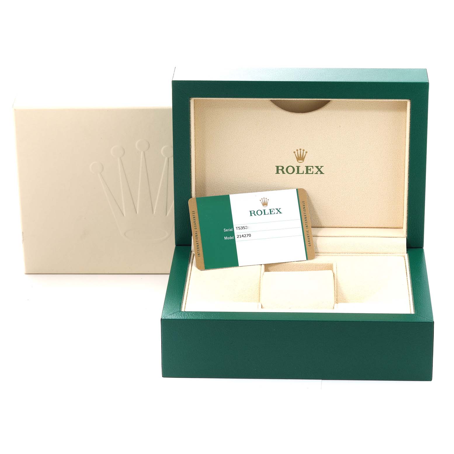 The image shows the packaging and Best Quality
ity card for a Rolex Explorer 214270 Men
s Stainless Steel Black Dial 214270 Men
s Stainless Steel Black Dial model watch.