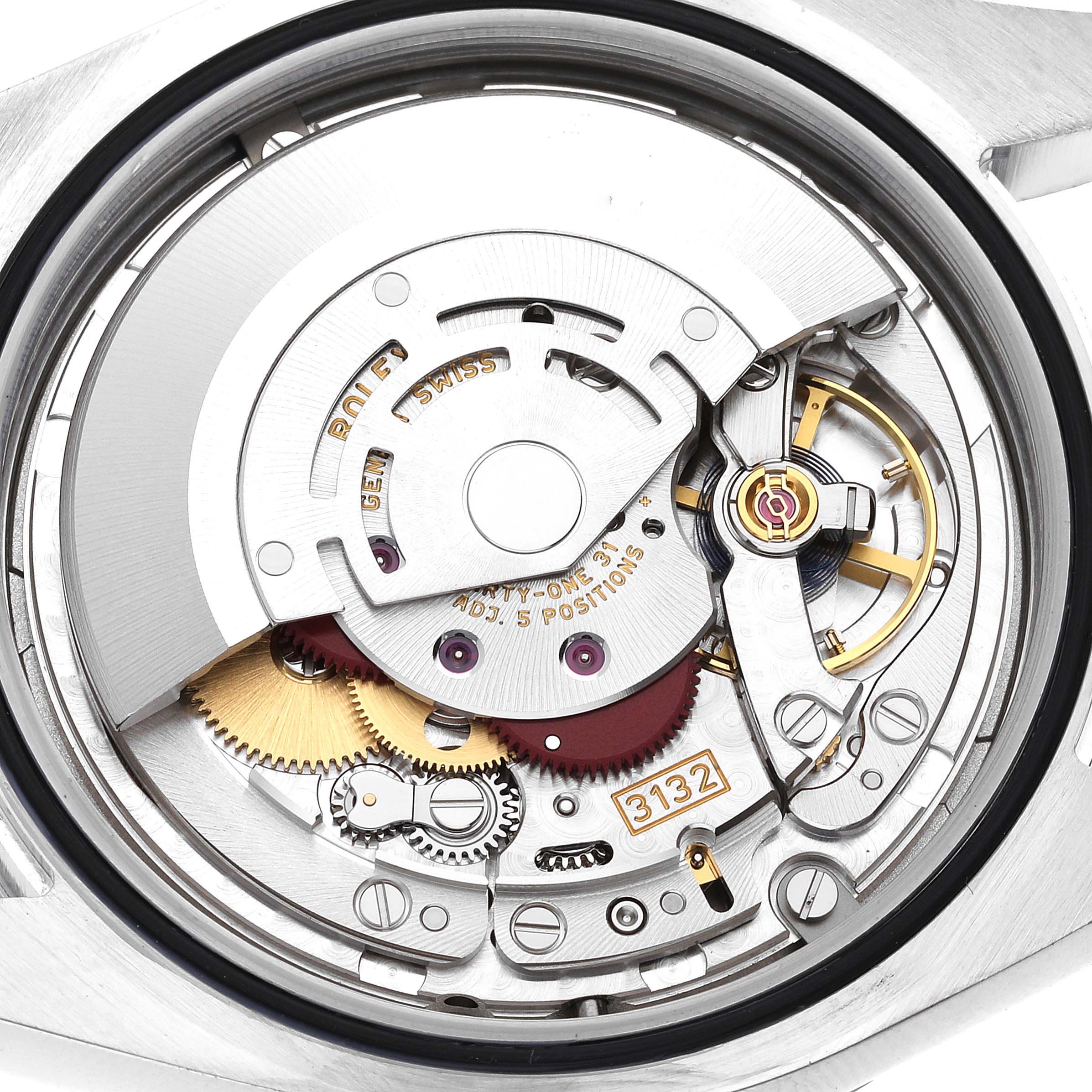 This image shows the inner mechanical movement of a Rolex Explorer 214270 Men
s Stainless Steel Black Dial 214270 Men
s Stainless Steel Black Dial model watch from a close-up, rear angle.