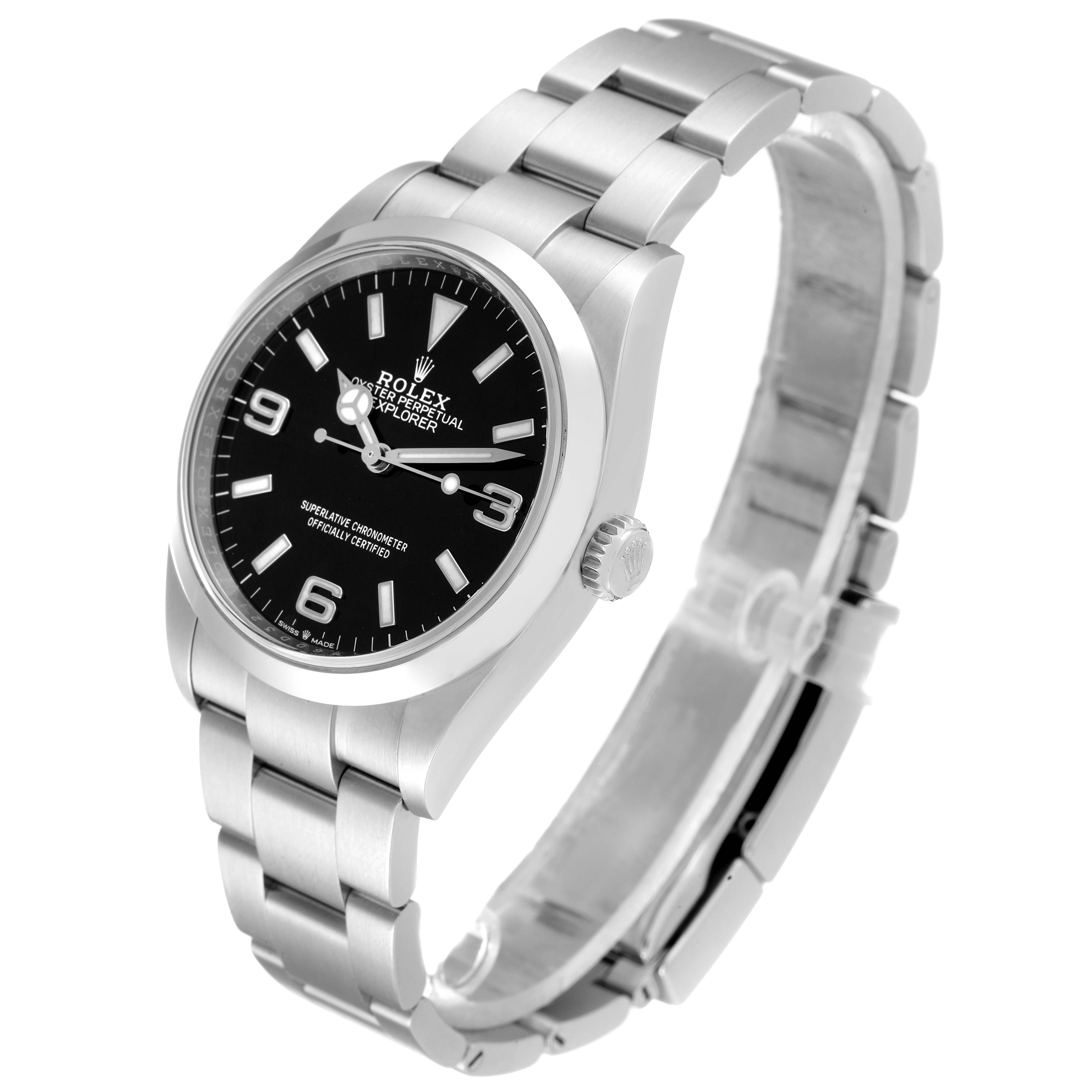 The Rolex Explorer 124270 Men's Stainless Steel Black Dial 124270 Men's Stainless Steel Black Dial watch is shown at a 3/4 angle, displaying the dial, bracelet, and crown.