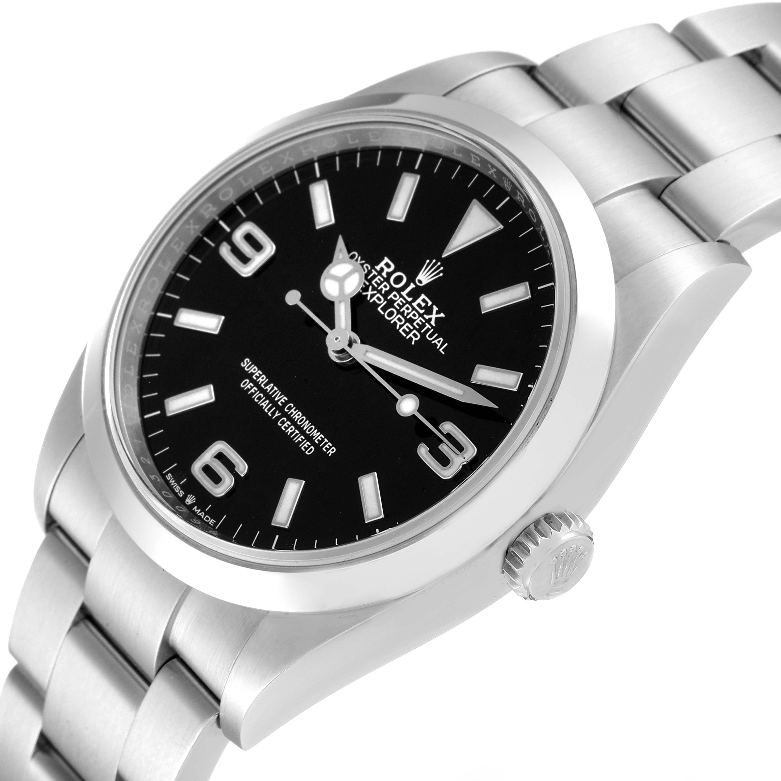 The image shows a close-up angled shot of a Rolex Explorer 124270 Men's Stainless Steel Black Dial 124270 Men's Stainless Steel Black Dial watch, highlighting the dial, bezel, crown, and part of the bracelet.
