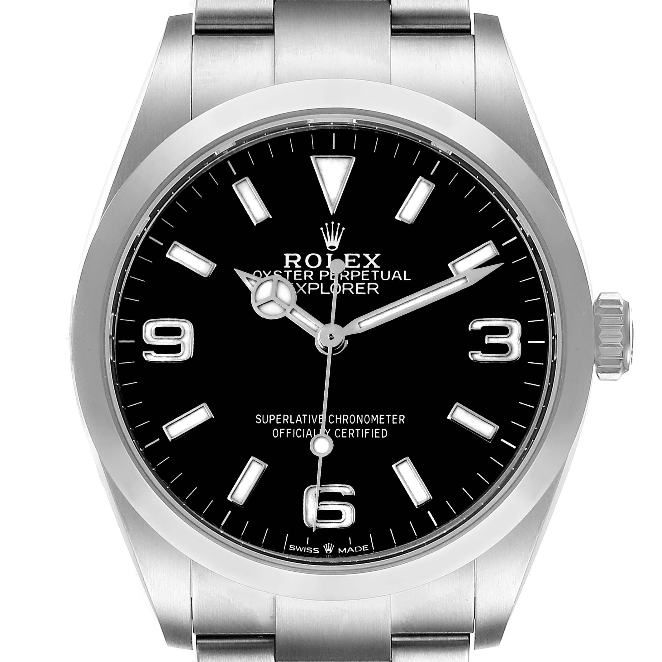 The image shows a frontal view of the dial and bezel of a Rolex Explorer 124270 Men's Stainless Steel Black Dial 124270 Men's Stainless Steel Black Dial watch, displaying the brand logo and time markers.
