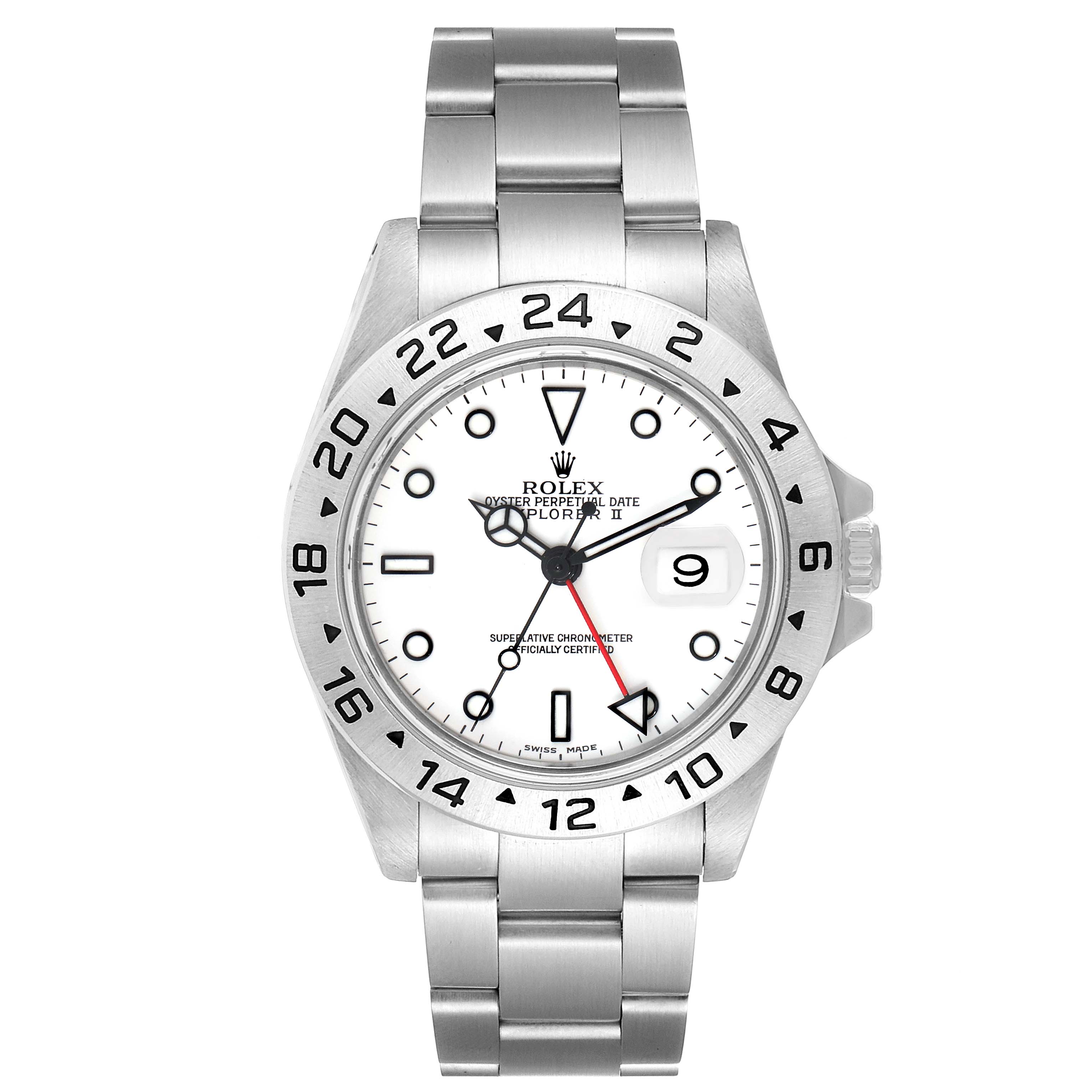 This image shows a front view of a Rolex Explorer 16570 Men's Stainless Steel White Dial 16570 Men's Stainless Steel White Dial watch, highlighting its dial, bezel, and metal bracelet.