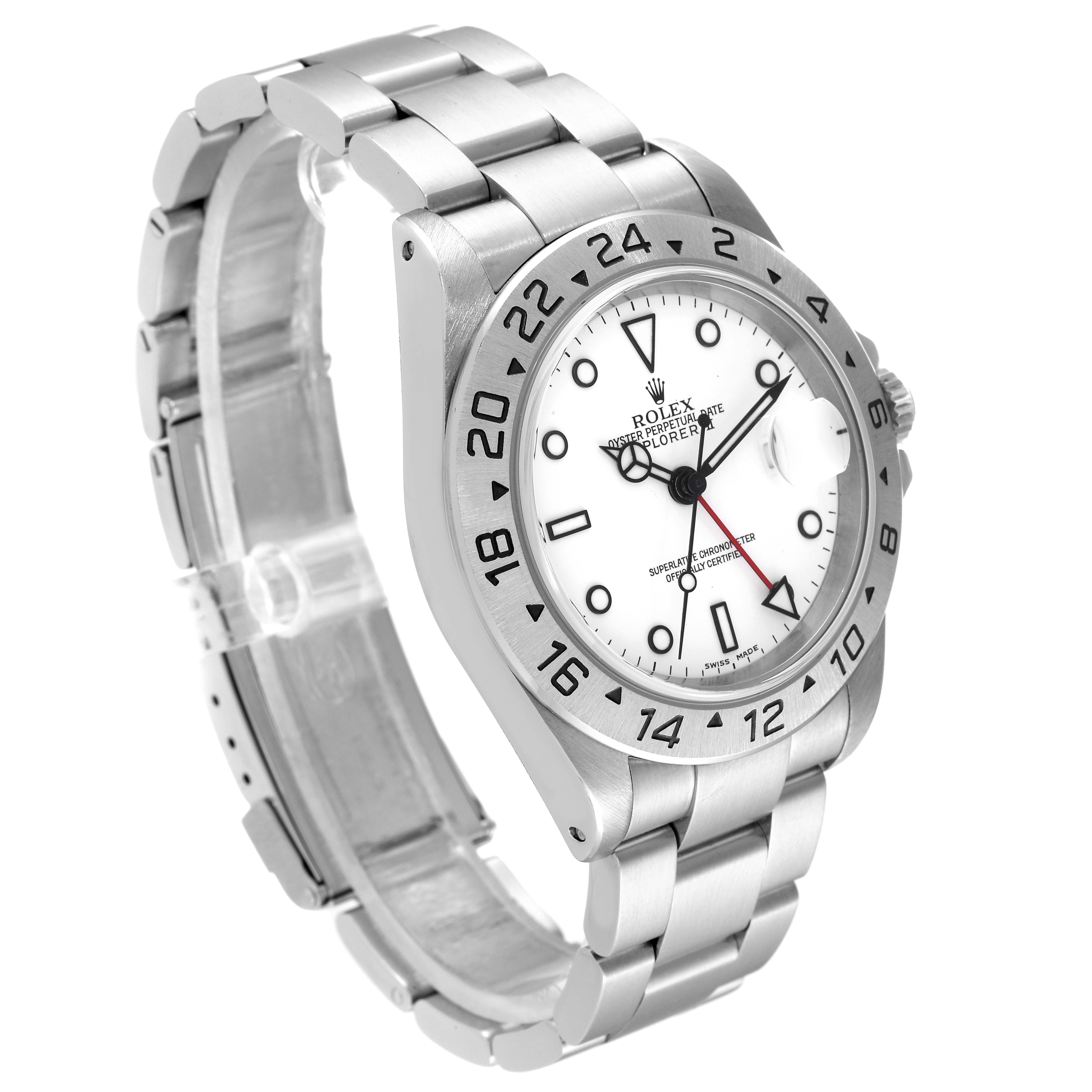 The Rolex Explorer 16570 Men's Stainless Steel White Dial 16570 Men's Stainless Steel White Dial watch is shown at a three-quarter angle, displaying the face, bezel, and bracelet clearly.