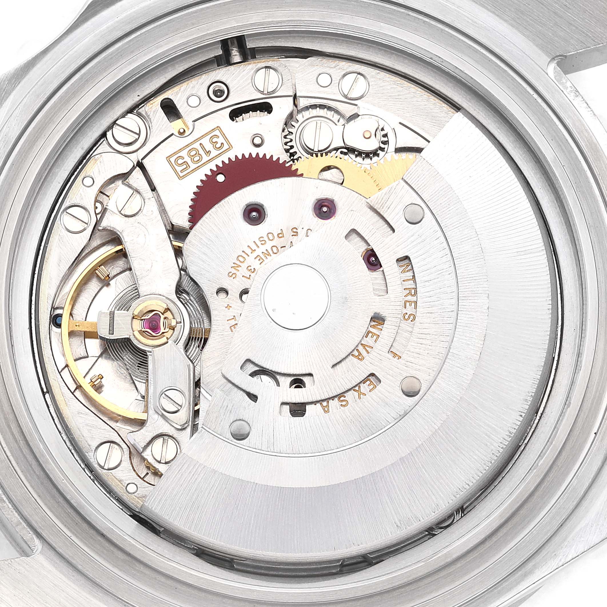 This image shows a close-up view of the movement and internal mechanisms of a Rolex Explorer 16570 Men's Stainless Steel White Dial 16570 Men's Stainless Steel White Dial watch.