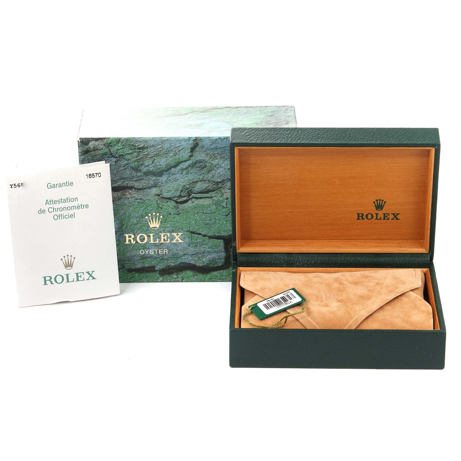 The image shows the open box and guarantee booklet for the Rolex Explorer 16570 Men's Stainless Steel White Dial 16570 Men's Stainless Steel White Dial model watch.