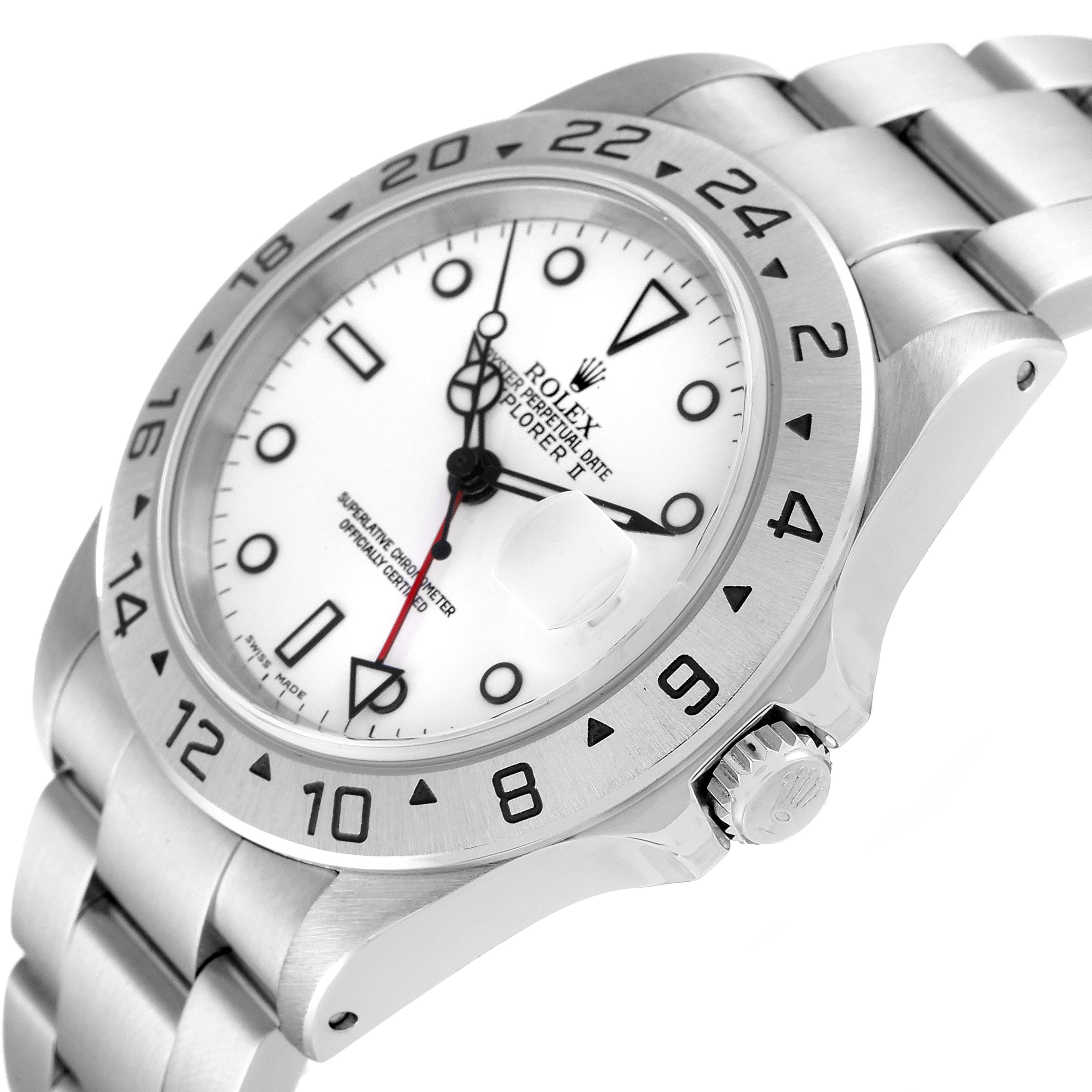 The image shows a close-up angled view of a Rolex Explorer 16570 Men's Stainless Steel White Dial 16570 Men's Stainless Steel White Dial watch, highlighting its bezel, dial, hands, crown, and bracelet.