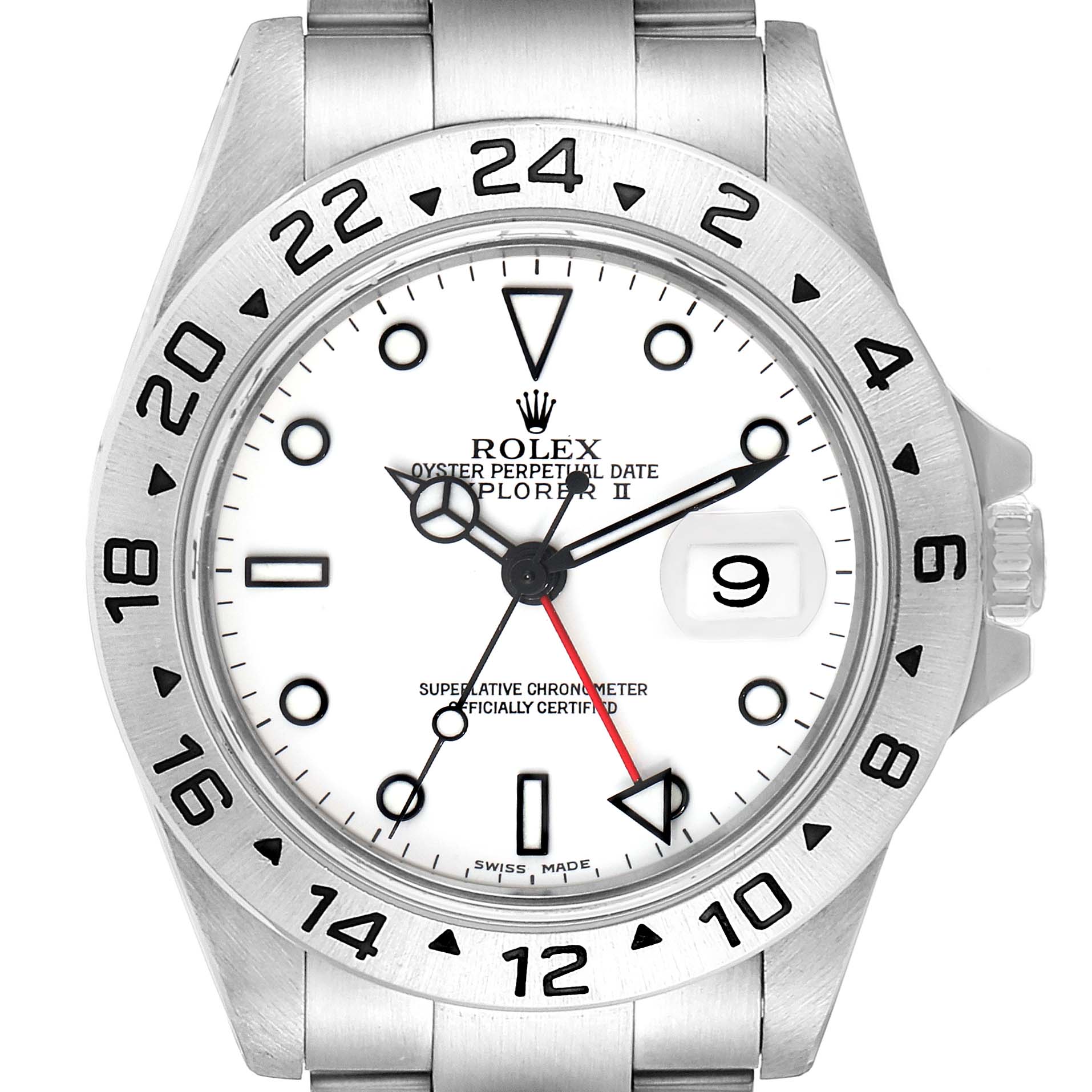 The image shows a Rolex Explorer 16570 Men's Stainless Steel White Dial 16570 Men's Stainless Steel White Dial watch from a top-down angle, featuring its dial, hands, date window, bezel, and part of the bracelet.