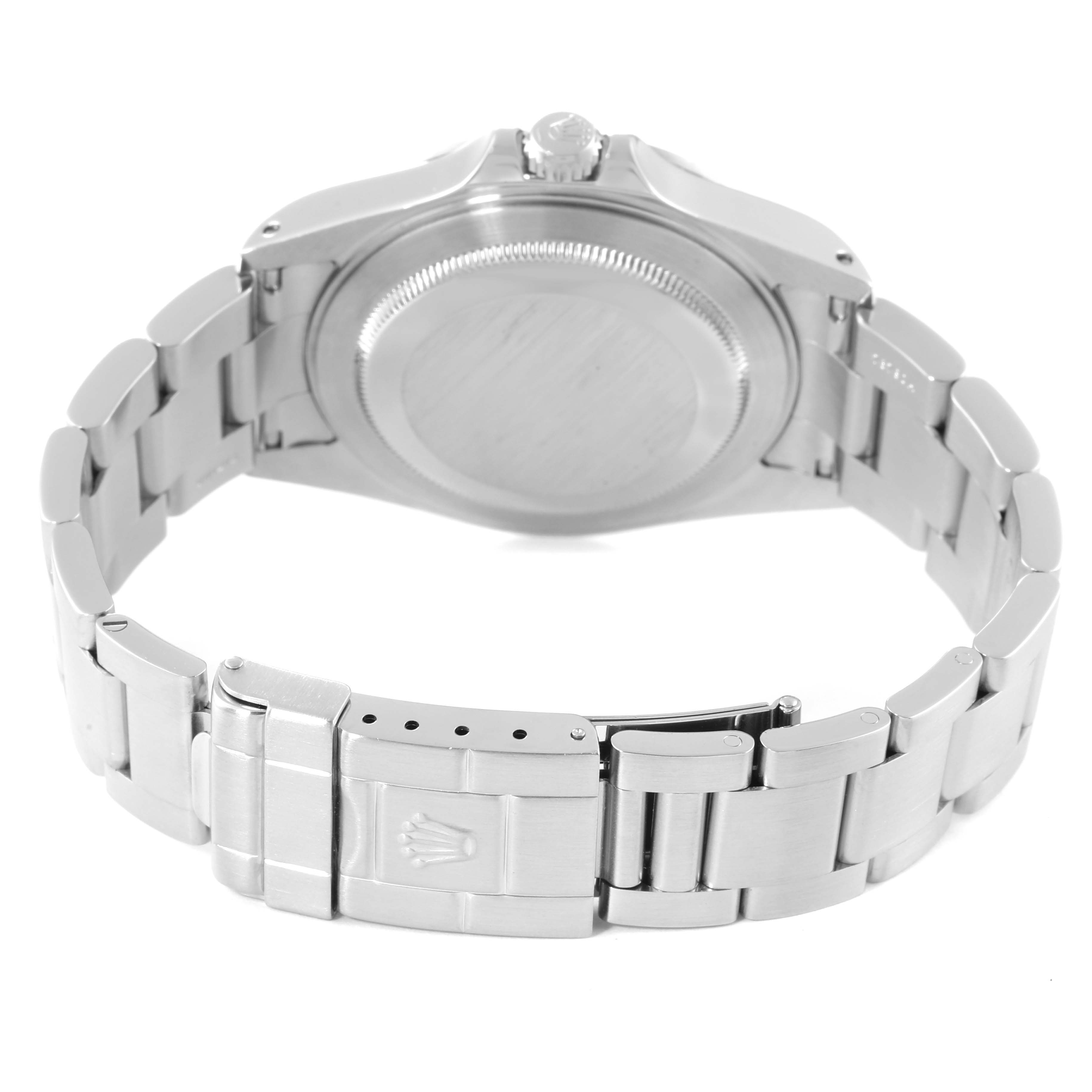 The image shows the back case and bracelet of a Rolex Explorer 16570 Men's Stainless Steel White Dial 16570 Men's Stainless Steel White Dial watch, highlighting the clasp and lug areas.