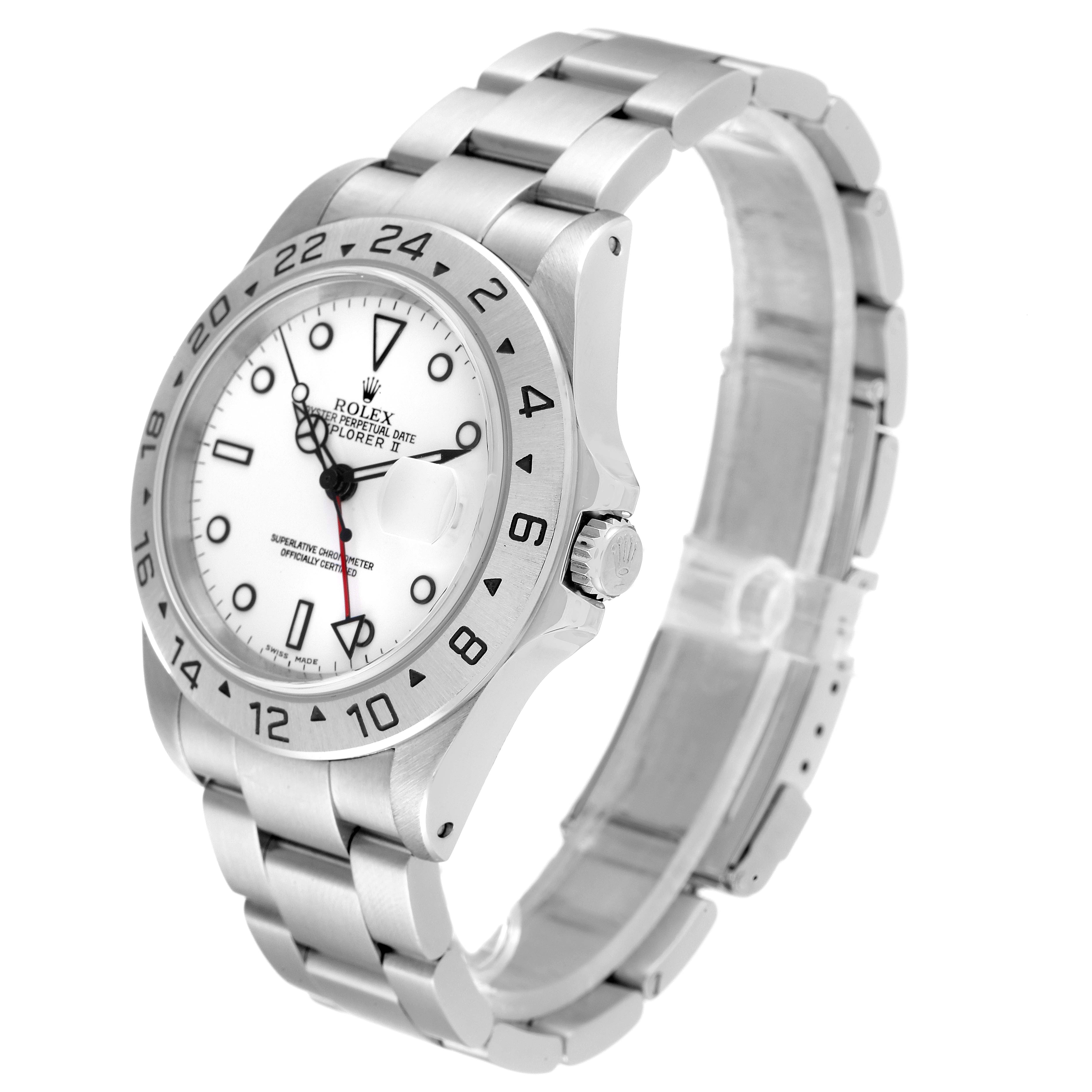 The Rolex Explorer 16570 Men's Stainless Steel White Dial 16570 Men's Stainless Steel White Dial watch is shown from an angled side view, displaying its face, bezel, crown, and bracelet.