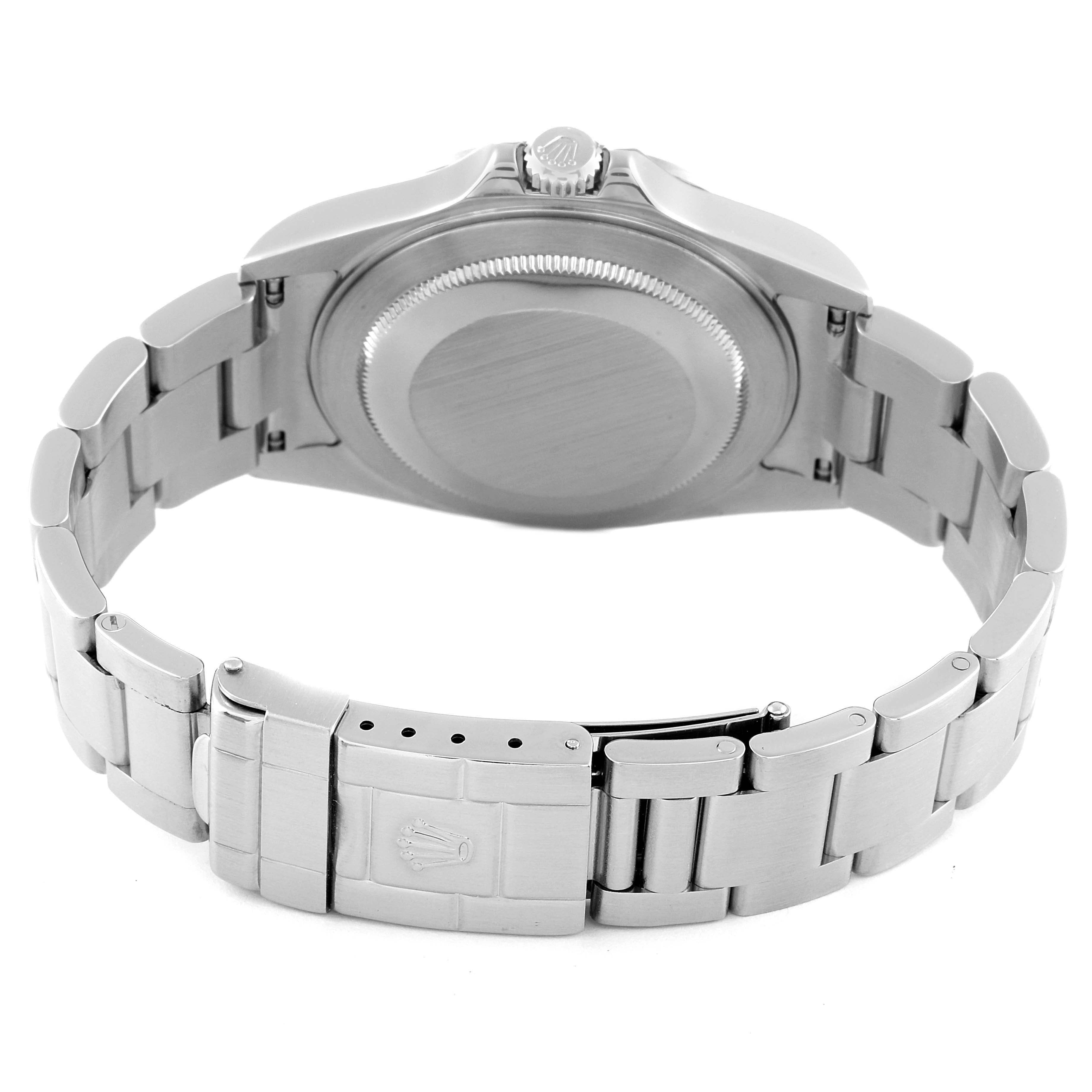 This image shows the back case and bracelet clasp of a Rolex Explorer 16570 Men's Stainless Steel White Dial 16570 Men's Stainless Steel White Dial watch, viewed from the rear angle.