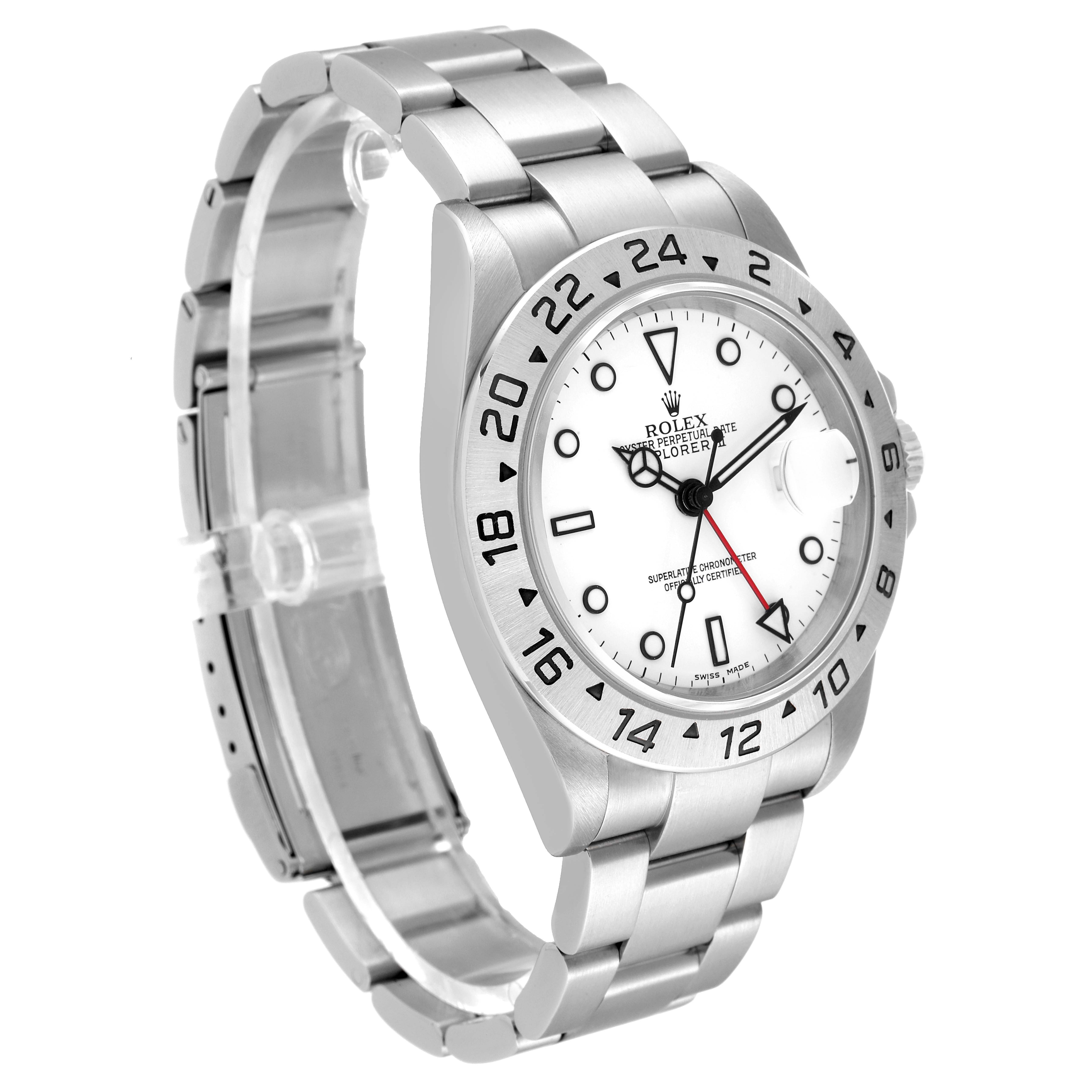 This image shows a side and frontal view of a Rolex Explorer 16570 Men's Stainless Steel White Dial 16570 Men's Stainless Steel White Dial model watch, displaying the dial, bezel, and metal bracelet.