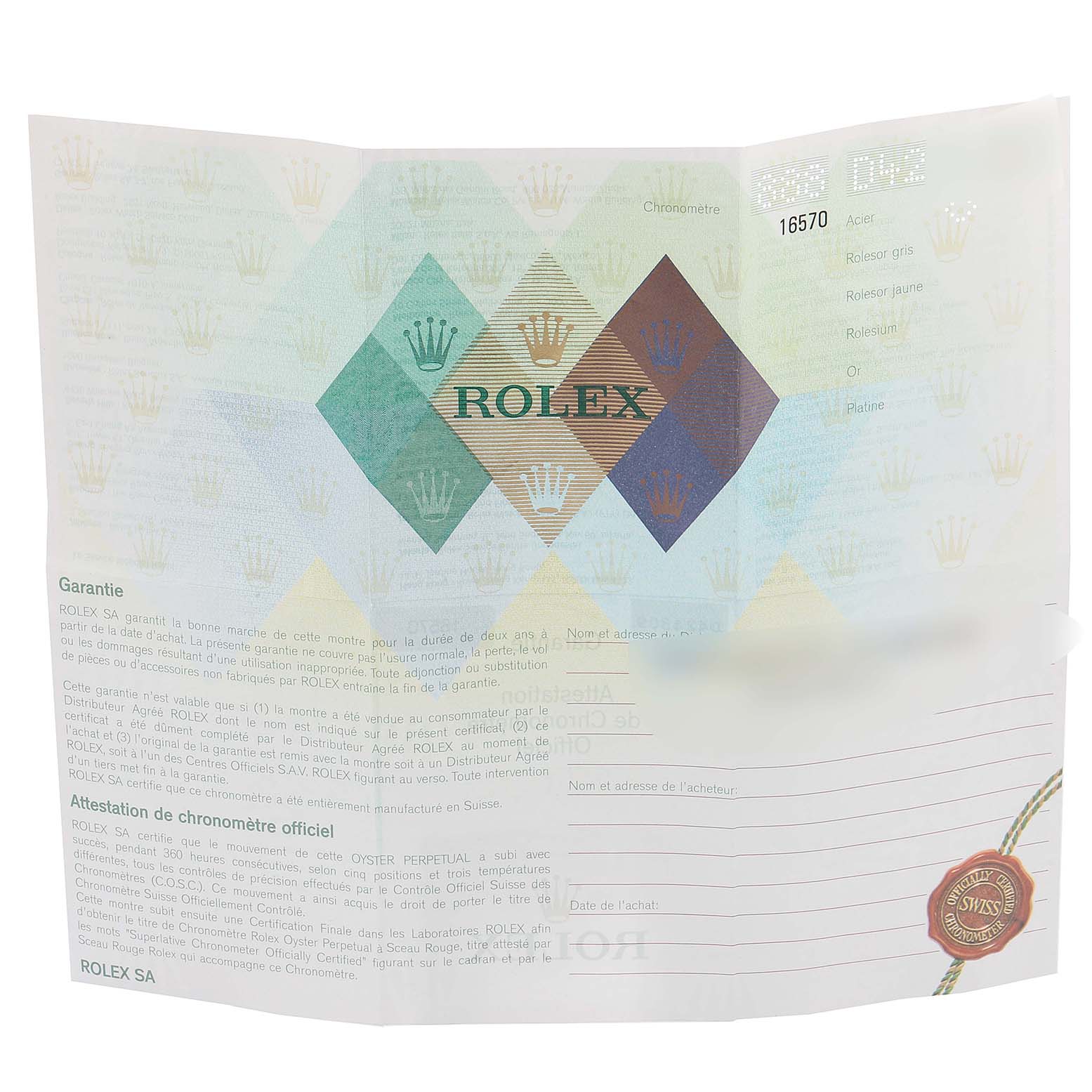 The image shows a warranty certificate for the Rolex Explorer 16570 Men's Stainless Steel White Dial 16570 Men's Stainless Steel White Dial model.