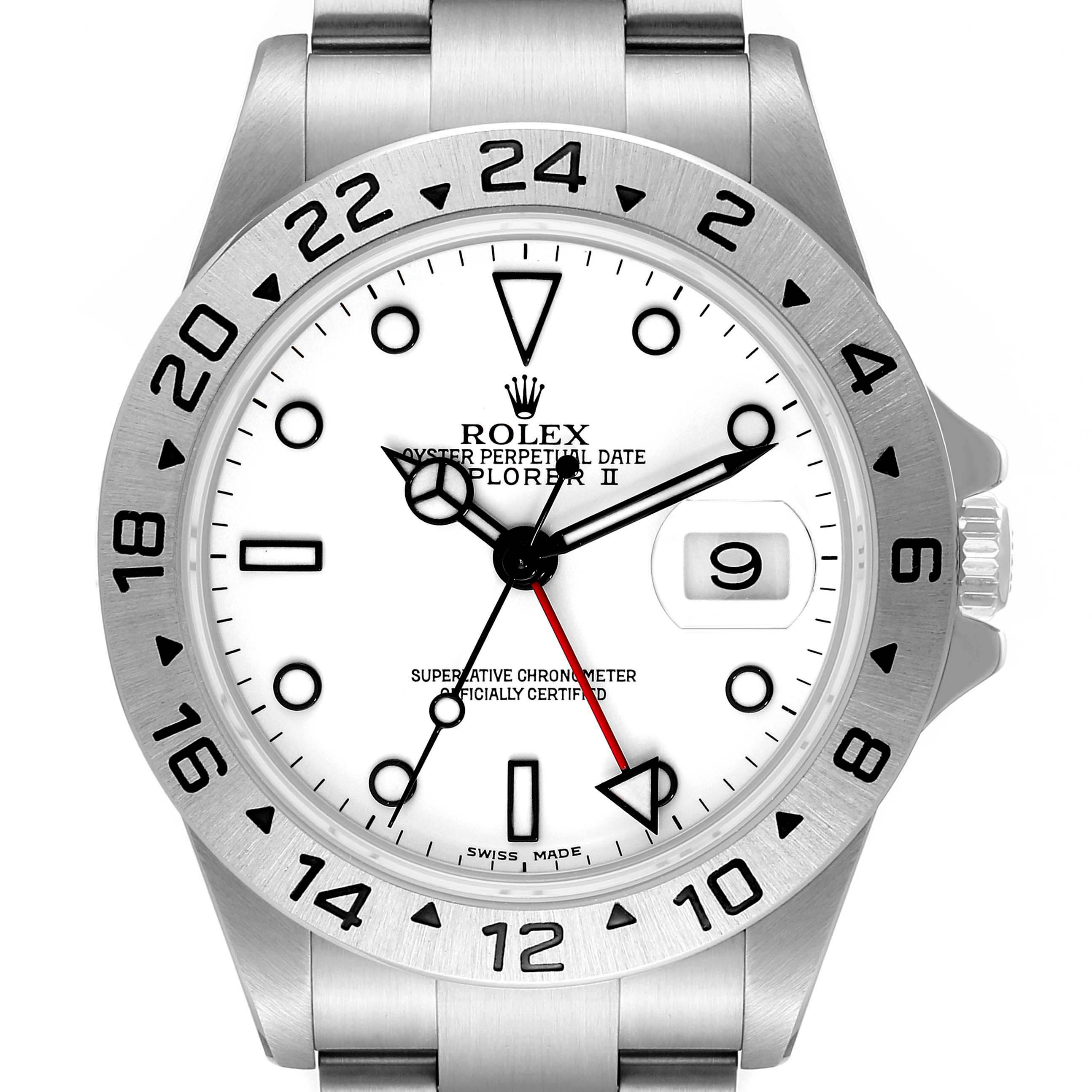 The image shows a front view of a Rolex Explorer 16570 Men's Stainless Steel White Dial 16570 Men's Stainless Steel White Dial watch, highlighting its bezel, dial, hands, and bracelet.