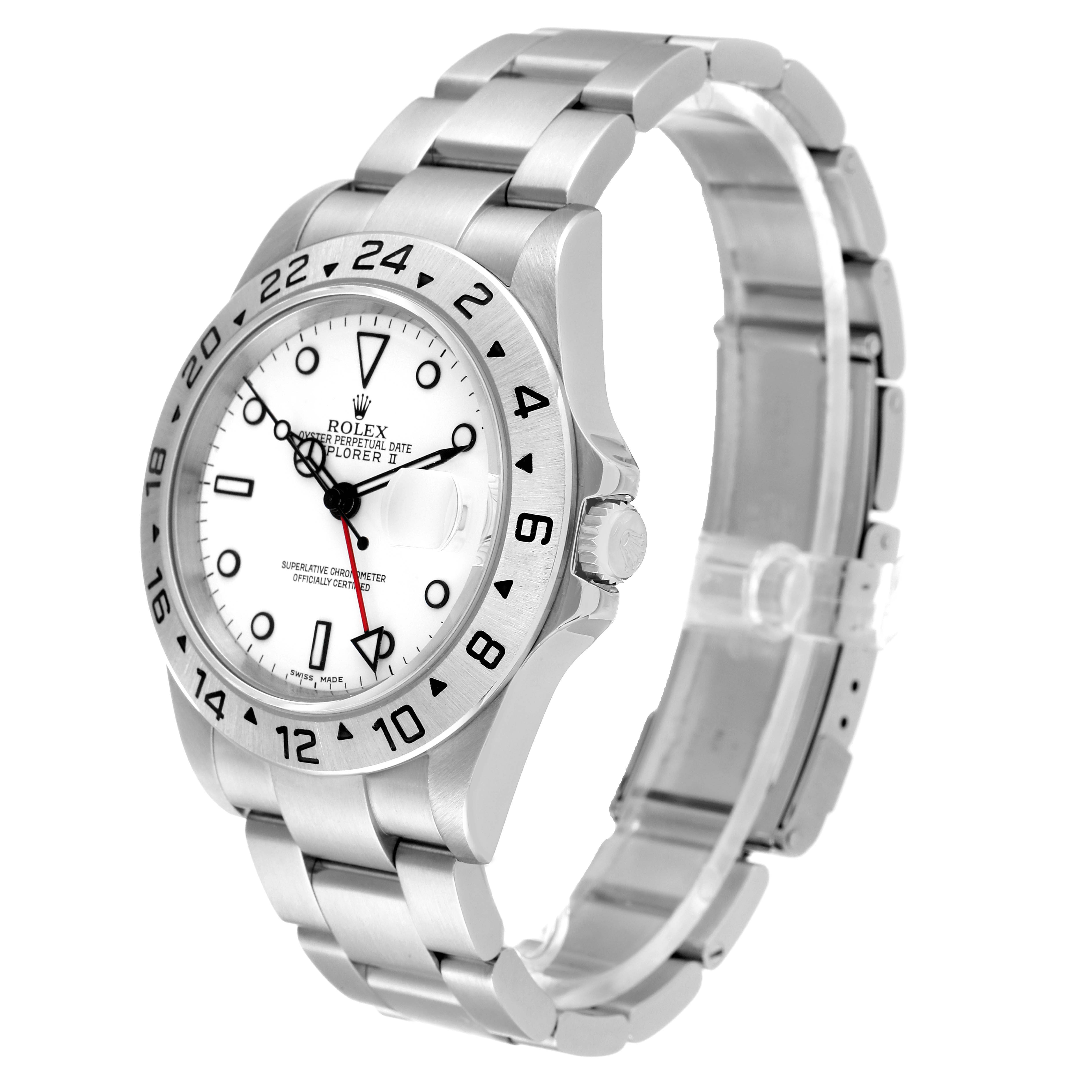 The image shows a side angle of a Rolex Explorer 16570 Men's Stainless Steel White Dial 16570 Men's Stainless Steel White Dial watch, highlighting the bezel, dial, case, and bracelet.