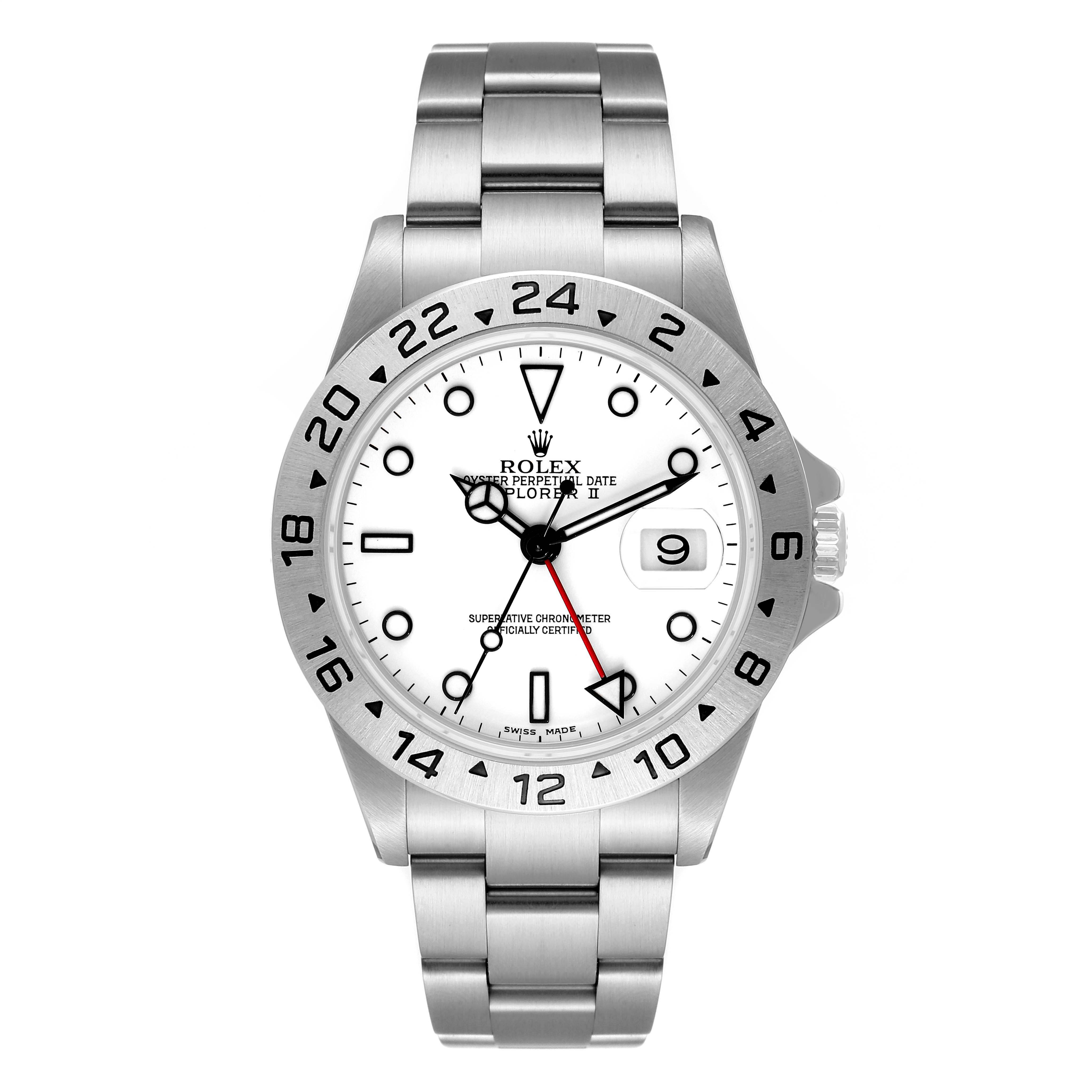 The Rolex Explorer 16570 Men's Stainless Steel White Dial 16570 Men's Stainless Steel White Dial model watch is shown from a front angle, displaying the dial, bezel, and bracelet.