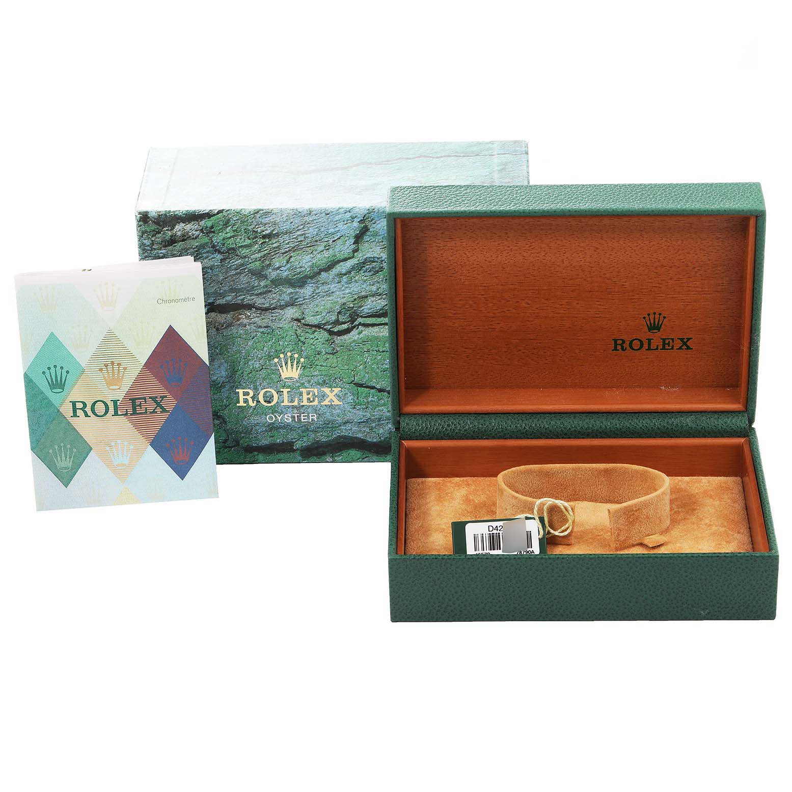 This image shows a Rolex Explorer 16570 Men's Stainless Steel White Dial 16570 Men's Stainless Steel White Dial watch’s box, manual, and inner packaging from a front angle.