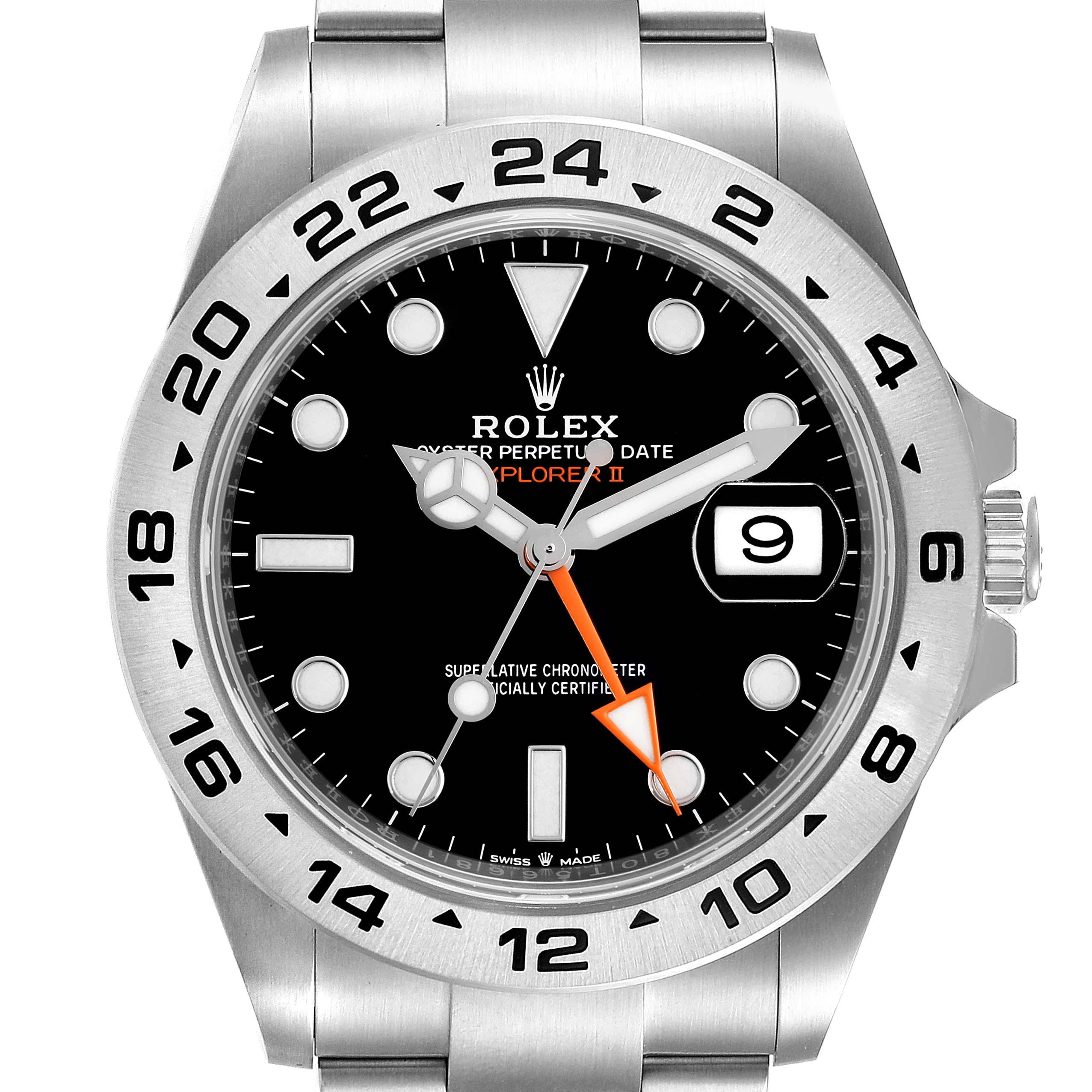 The image shows a front view of a Rolex Explorer 226570 Men
s Stainless Steel Black Dial 226570 Men
s Stainless Steel Black Dial watch, displaying the face, bezel, and part of the bracelet.