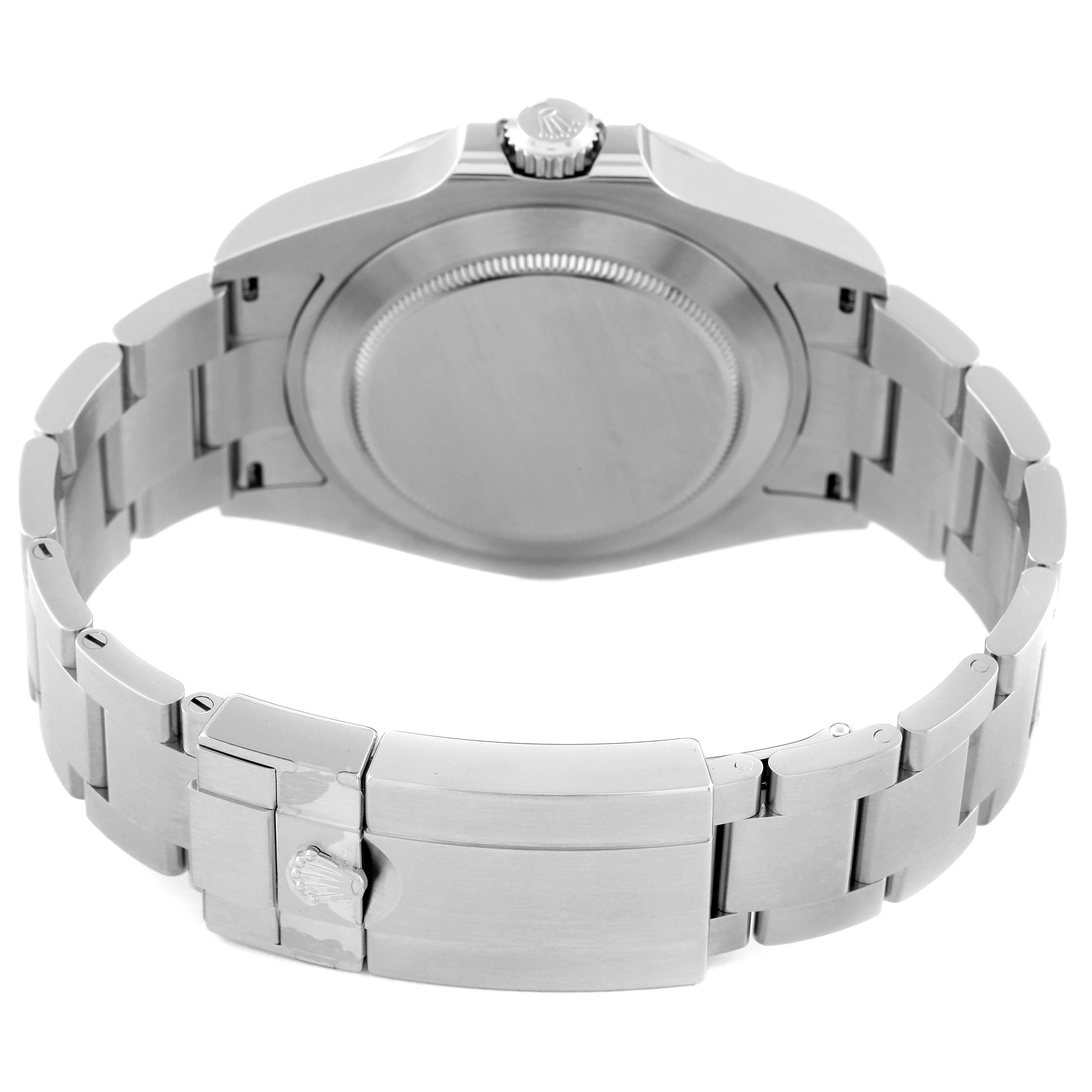 The image shows the back view of the Rolex Explorer 226570 Men
s Stainless Steel Black Dial 226570 Men
s Stainless Steel Black Dial watch, featuring its case back, bracelet, and clasp.