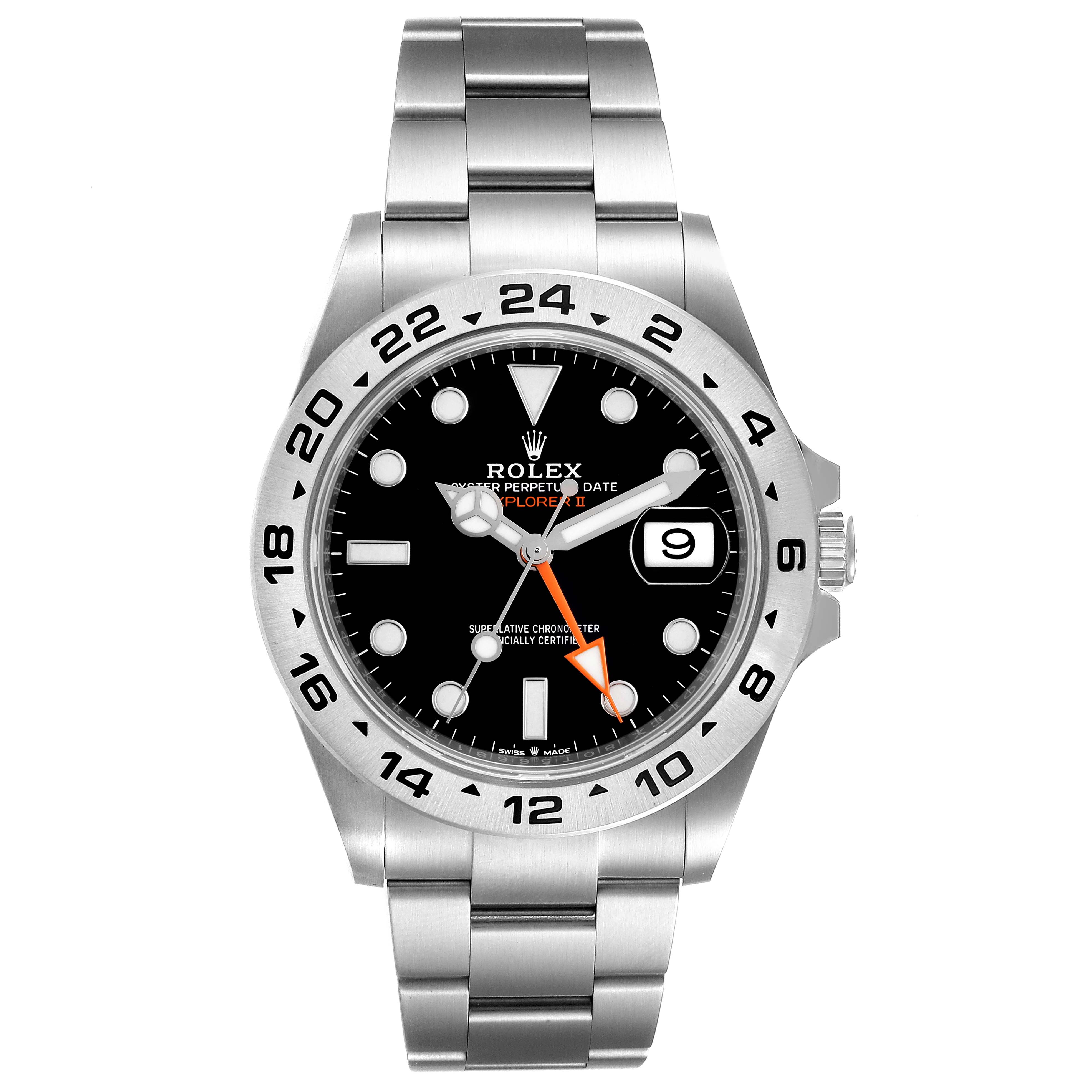 The image shows a front view of a Rolex Explorer 226570 Men
s Stainless Steel Black Dial 226570 Men
s Stainless Steel Black Dial watch, highlighting the dial, bezel, and stainless steel bracelet.