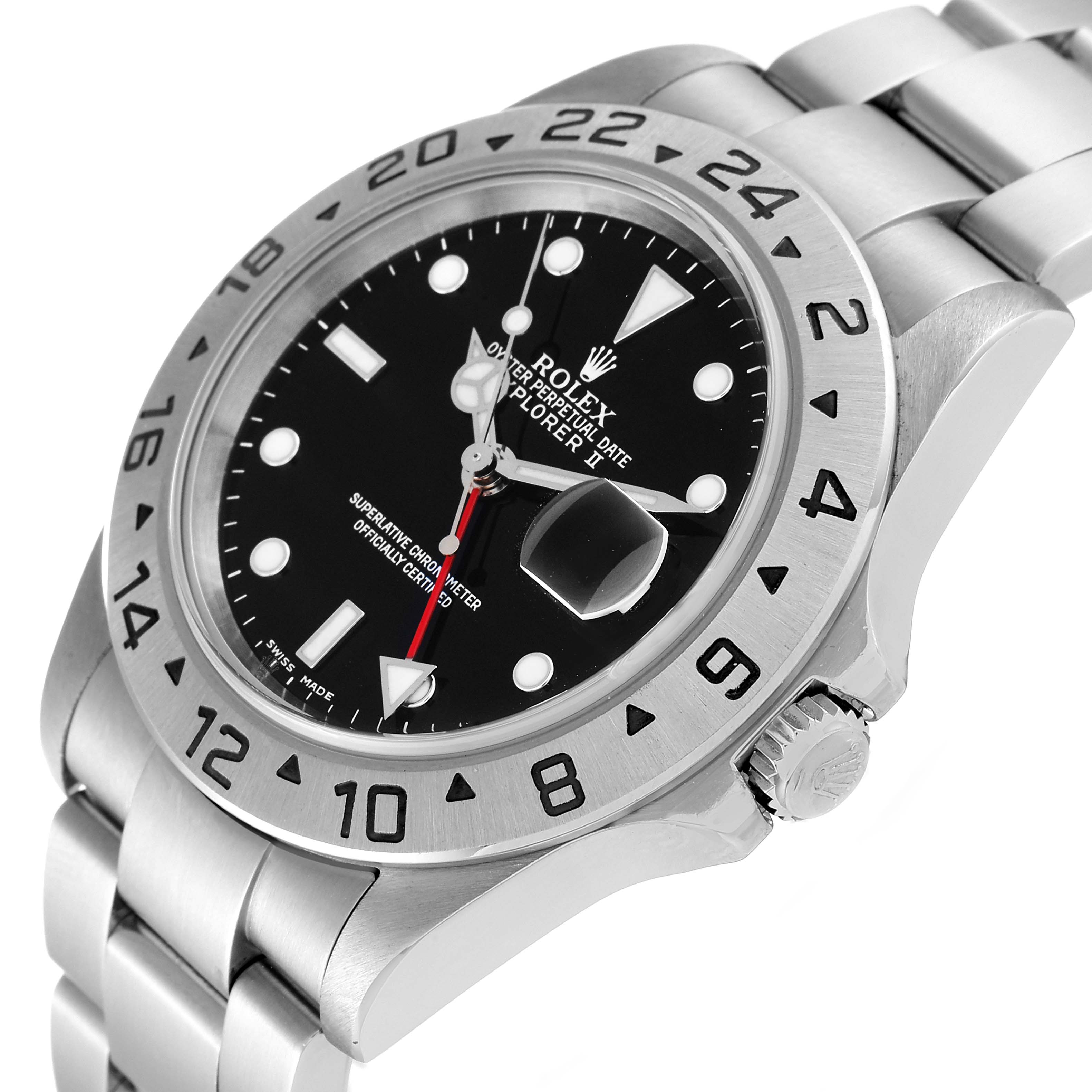 The angled view of the Rolex Explorer 16570 Men
s Stainless Steel Black Dial 16570 Men
s Stainless Steel Black Dial watch shows its bezel, dial, and bracelet.