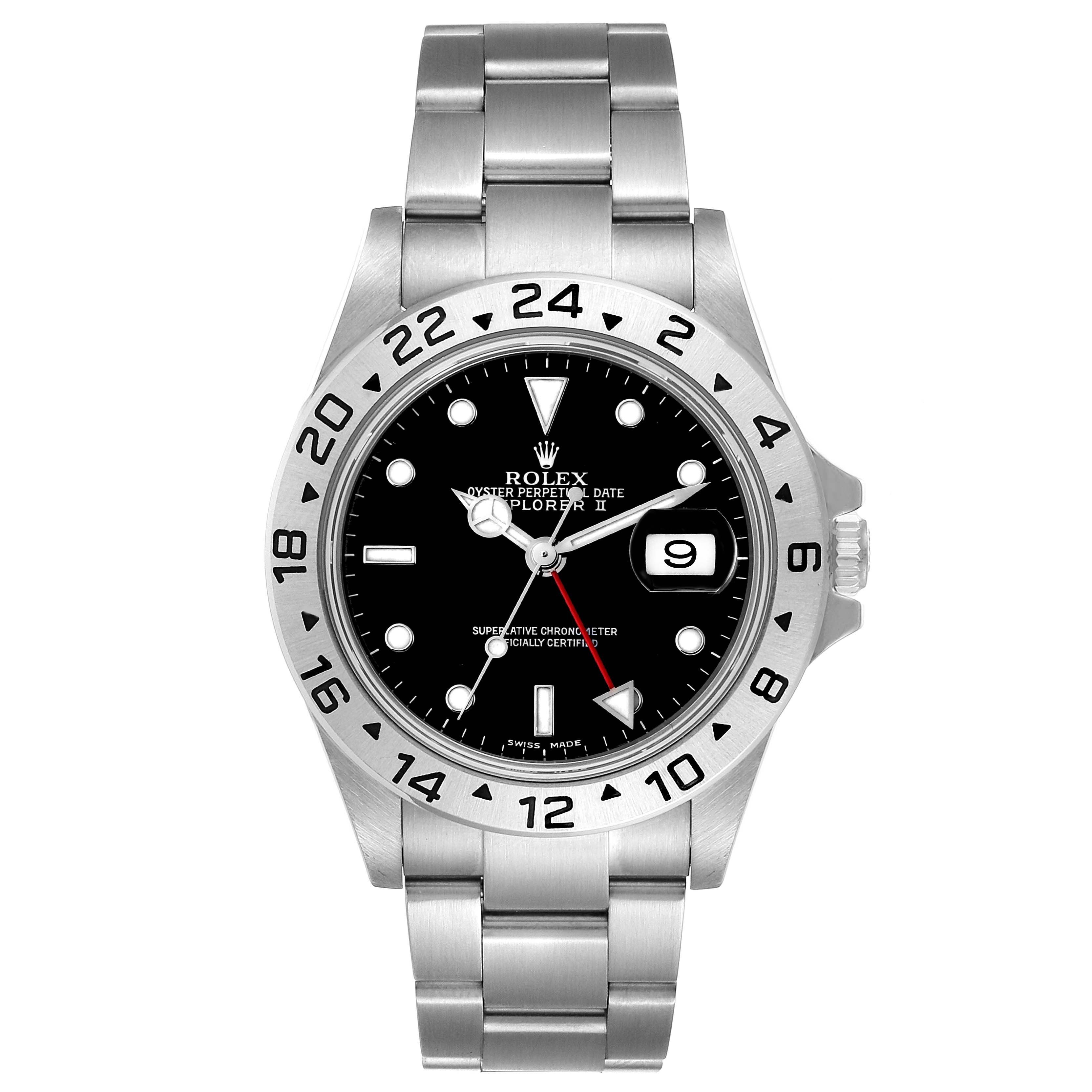 The image shows a front view of the Rolex Explorer 16570 Men
s Stainless Steel Black Dial 16570 Men
s Stainless Steel Black Dial watch, displaying its dial, bezel, and stainless steel bracelet.