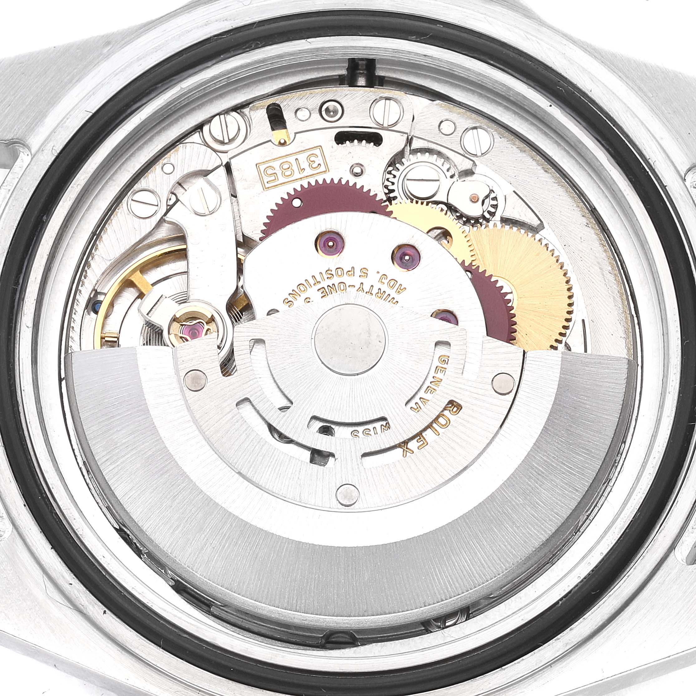 This image shows the internal movement mechanism of a Rolex Explorer 16570 Men
s Stainless Steel Black Dial 16570 Men
s Stainless Steel Black Dial model from a top-down angle.