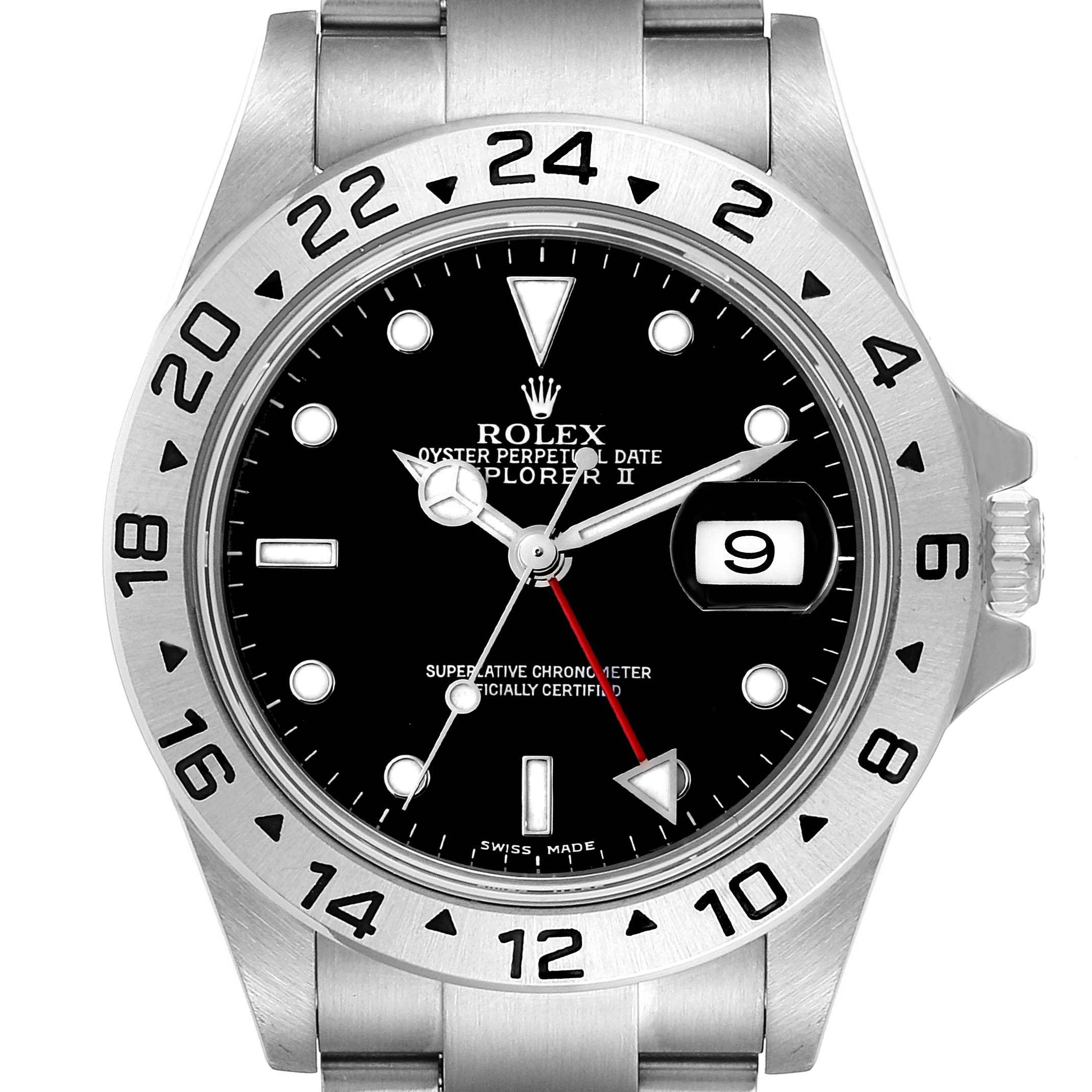 The image shows a front view of a Rolex Explorer 16570 Men
s Stainless Steel Black Dial 16570 Men
s Stainless Steel Black Dial II, highlighting its bezel, dial, hands, and date window.