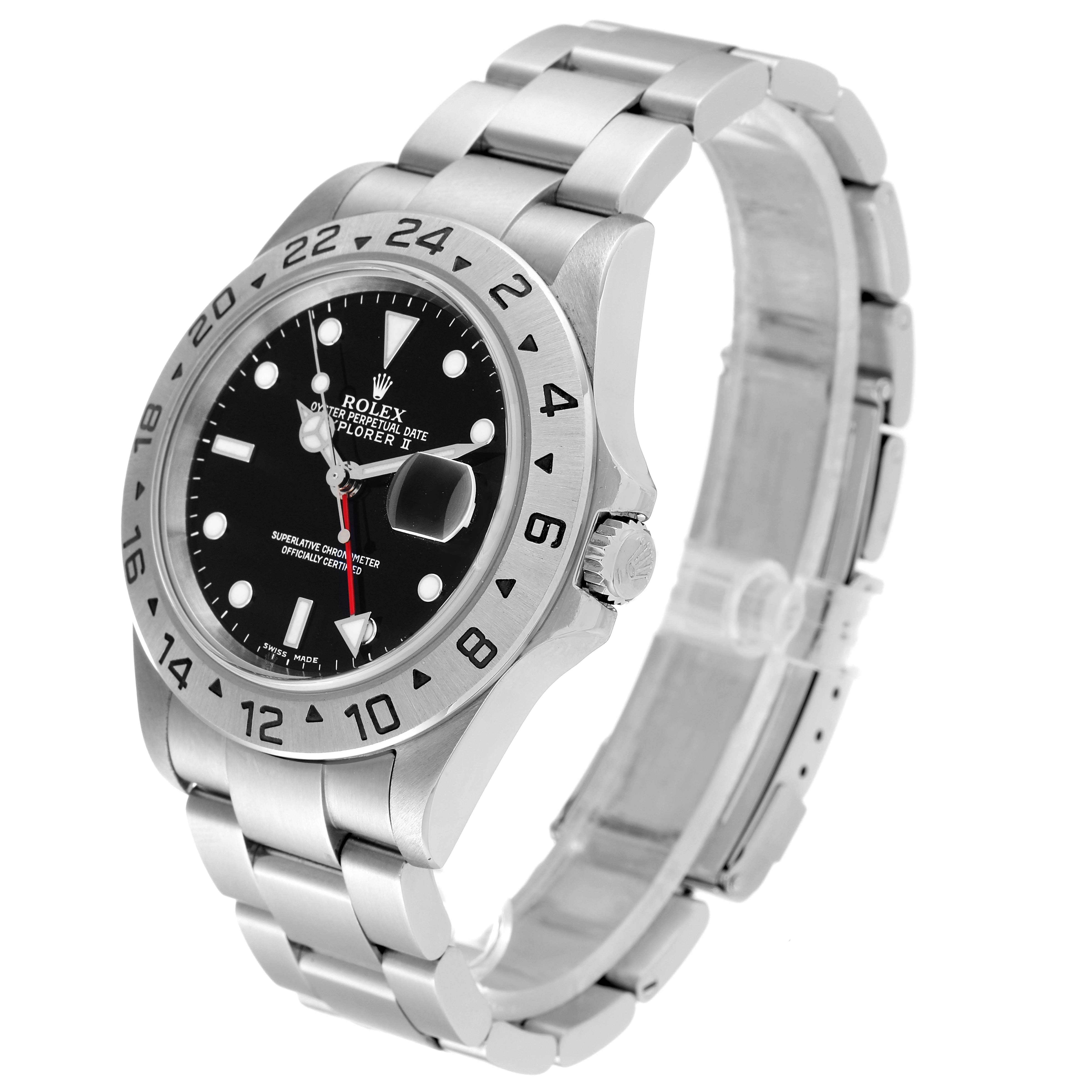 The Rolex Explorer 16570 Men
s Stainless Steel Black Dial 16570 Men
s Stainless Steel Black Dial model watch is shown at a three-quarter angle, showcasing the face, bezel, crown, and bracelet.