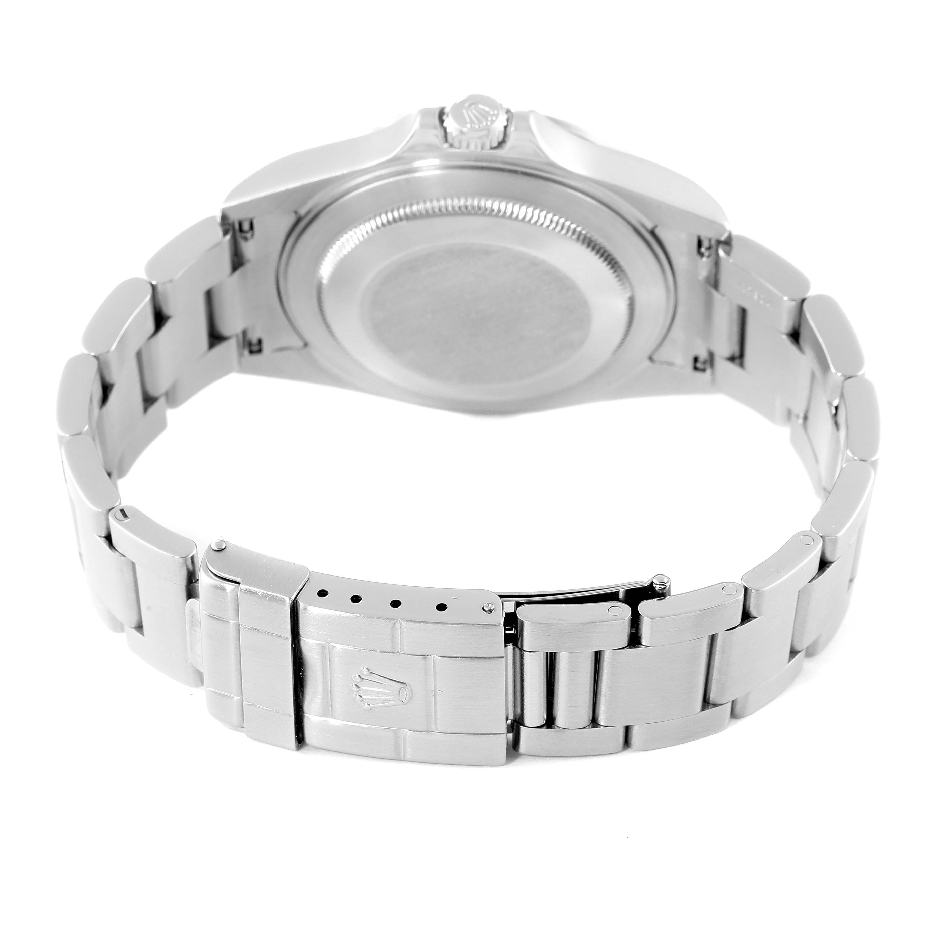 The image shows the back case and bracelet clasp of a Rolex Explorer 16570 Men
s Stainless Steel Black Dial 16570 Men
s Stainless Steel Black Dial watch from a rear angle.