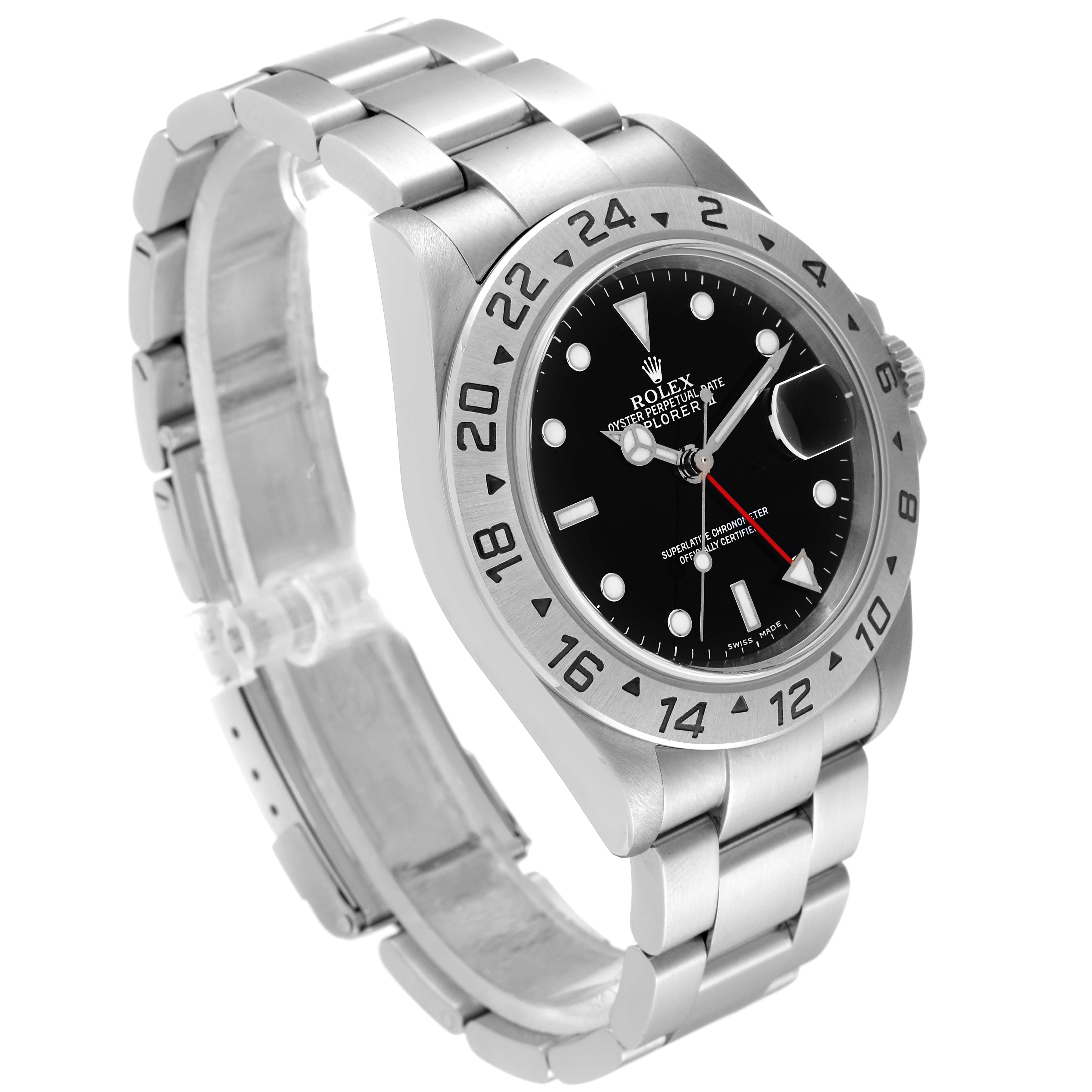 The image shows a Rolex Explorer 16570 Men
s Stainless Steel Black Dial 16570 Men
s Stainless Steel Black Dial watch at a slight angle, highlighting its face, bezel, and metal bracelet.