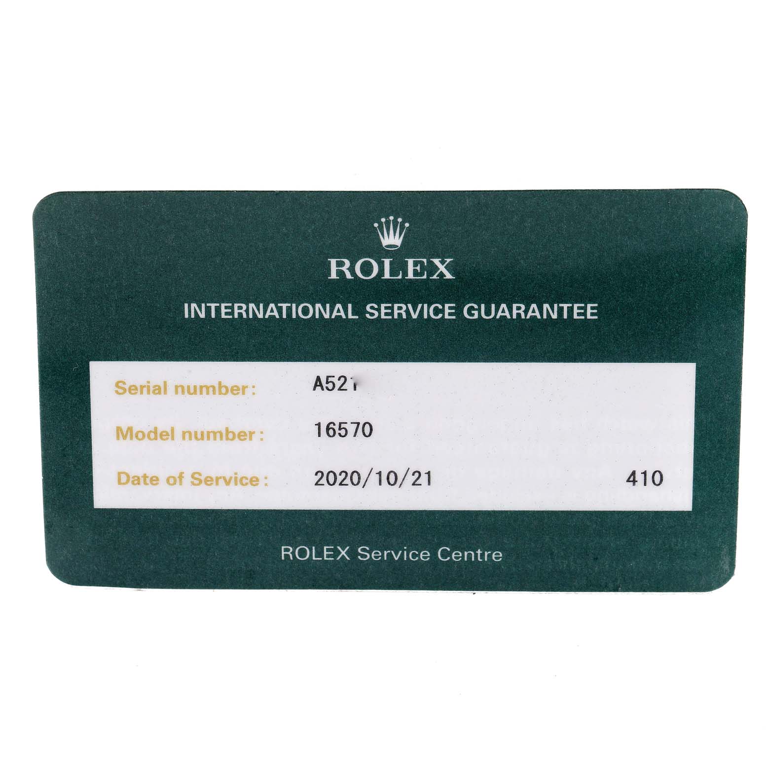 This image shows a Rolex International Service Guarantee card for the Rolex Explorer 16570 Men
s Stainless Steel Black Dial 16570 Men
s Stainless Steel Black Dial model 16570.