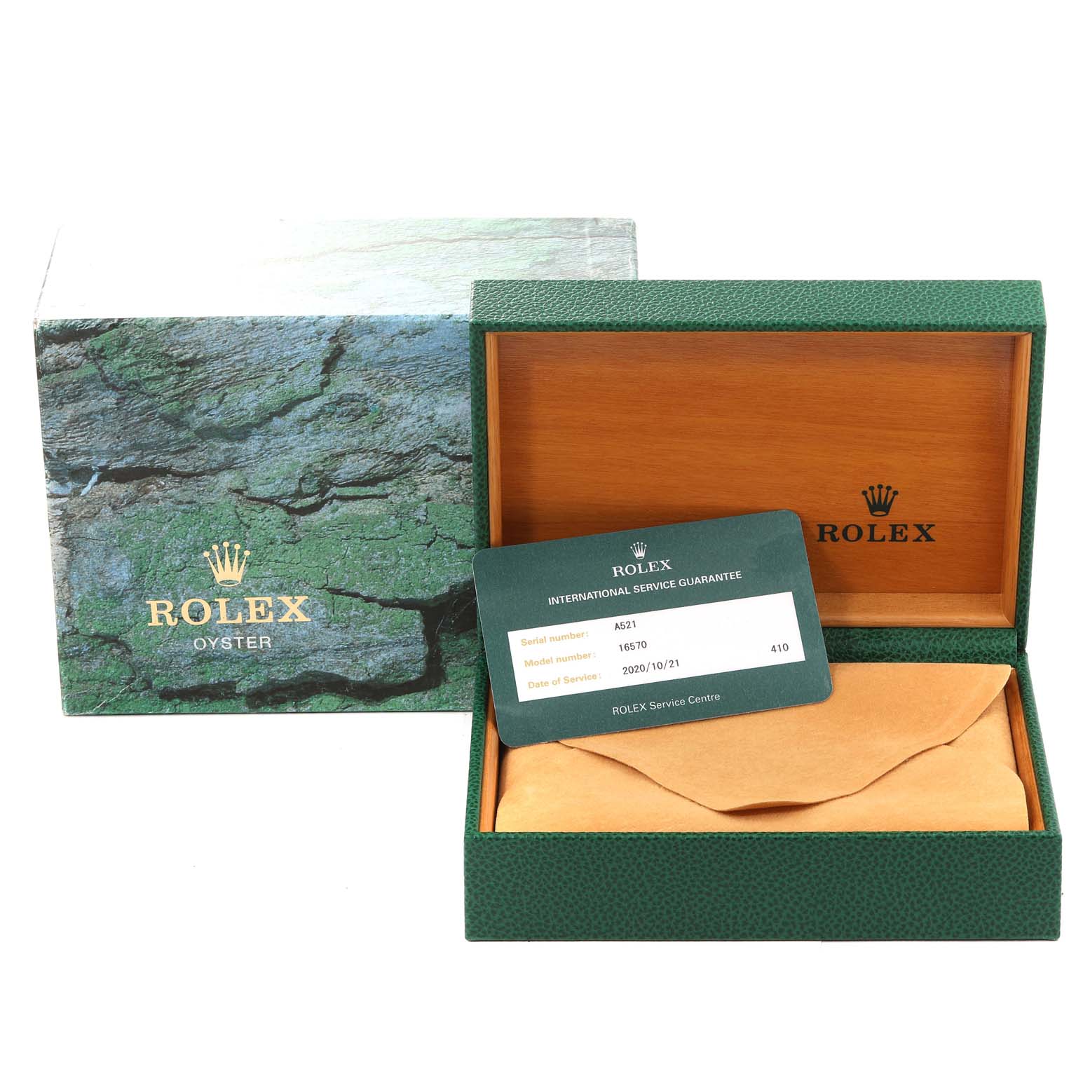 The image shows the box, international guarantee card, and cloth for a Rolex Explorer 16570 Men
s Stainless Steel Black Dial 16570 Men
s Stainless Steel Black Dial watch.